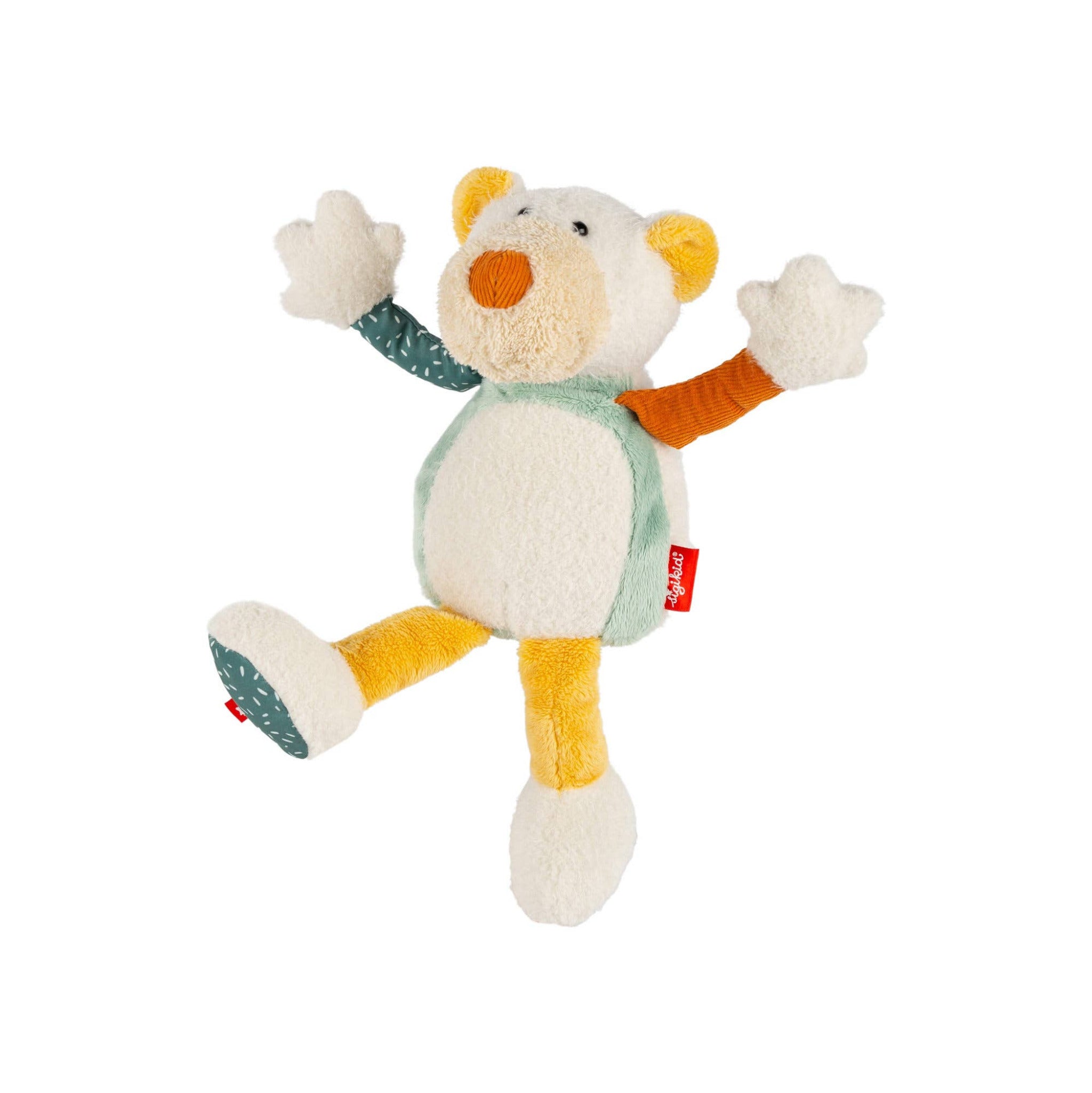 Plush toy bear with a green shirt on a white background