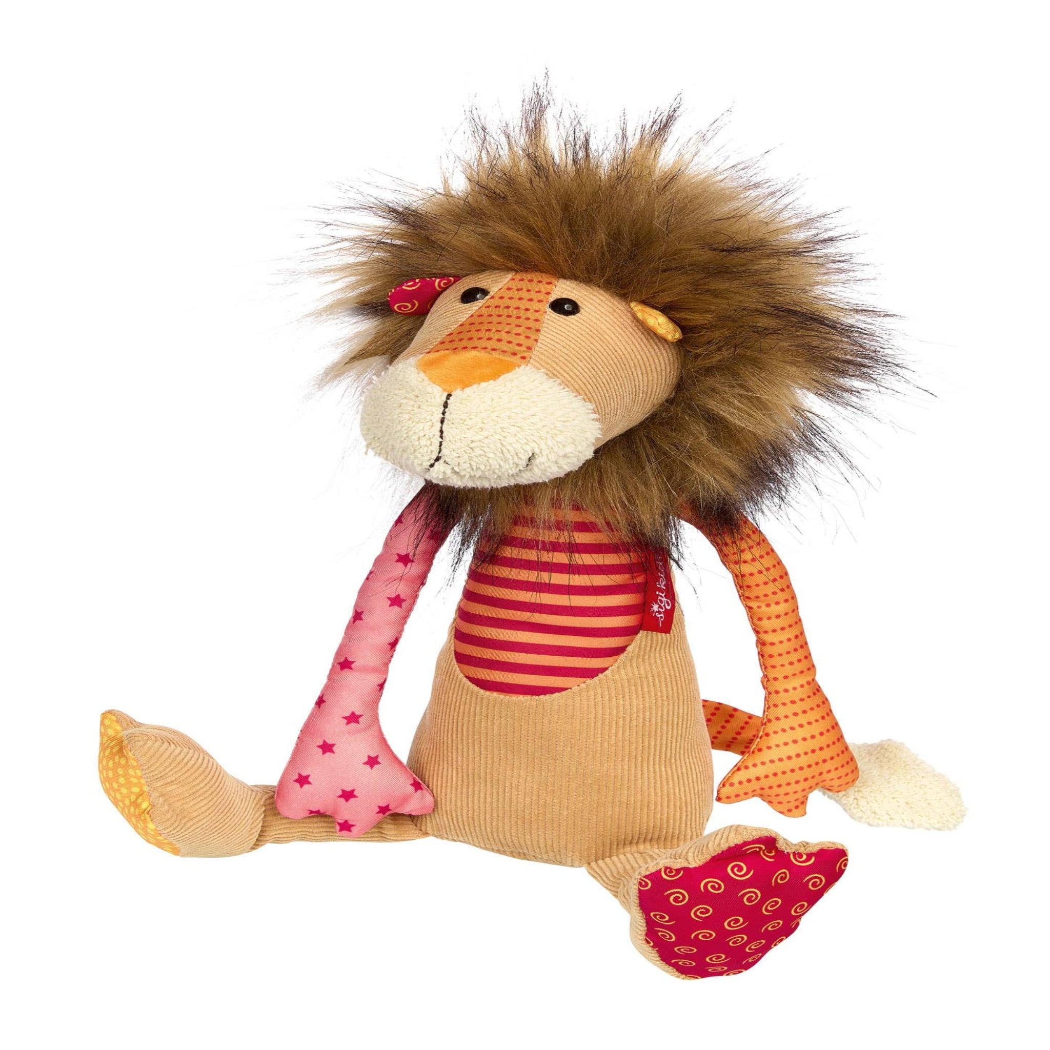 Stuffed lion toy with a red and white striped shirt on a white background