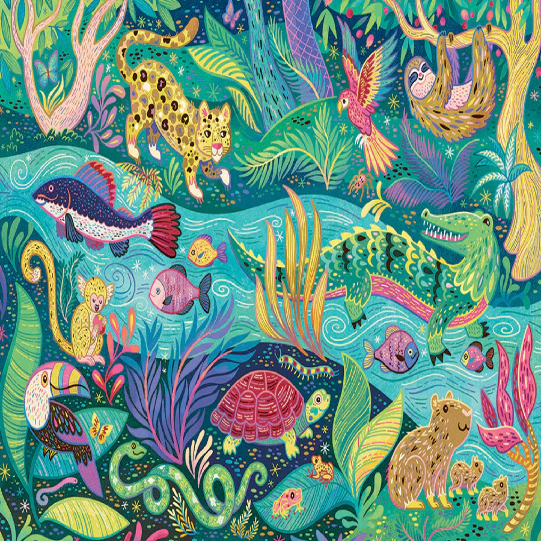 Colorful illustration of various animals in a jungle and underwater setting.