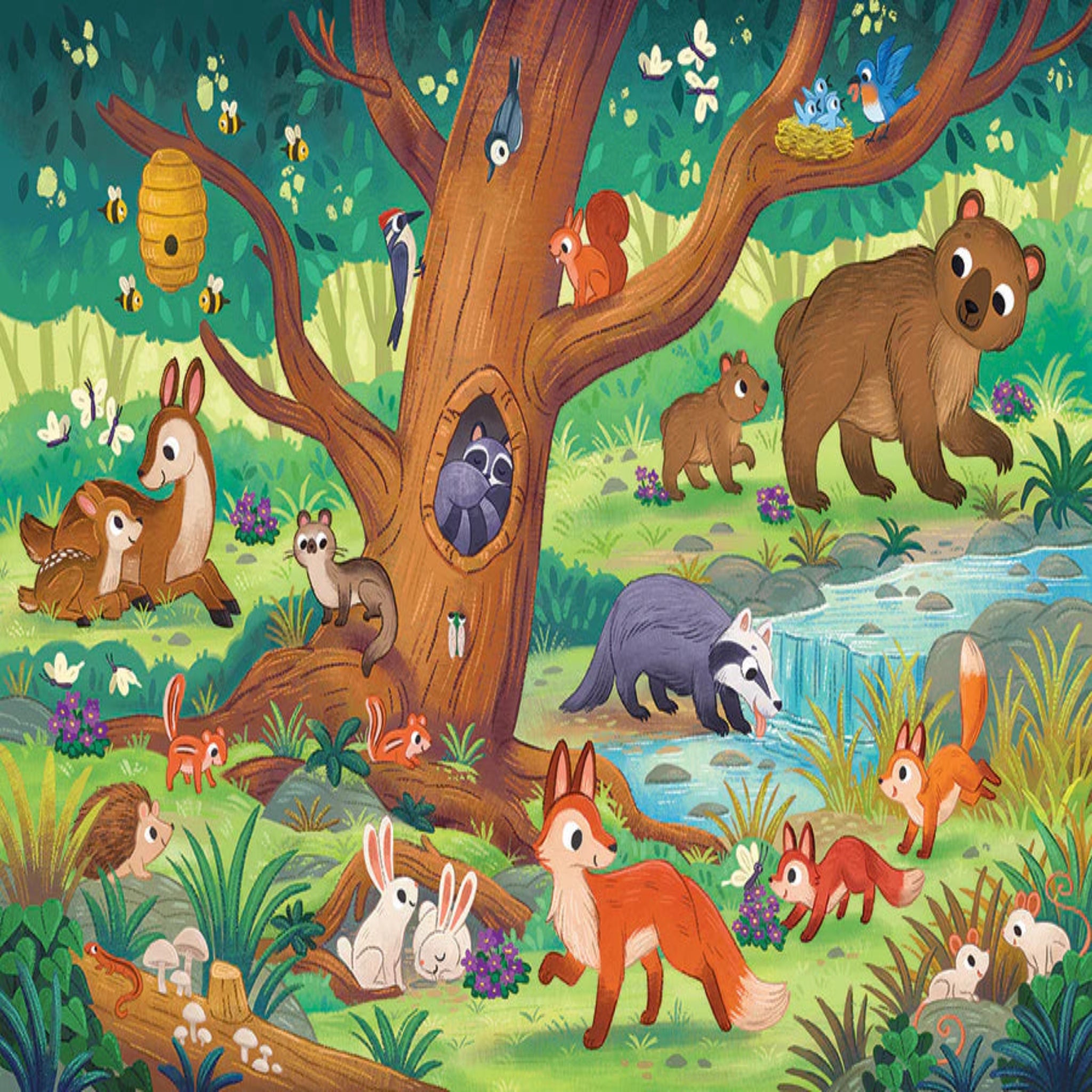 Illustration of a forest scene with various animals around a large tree.