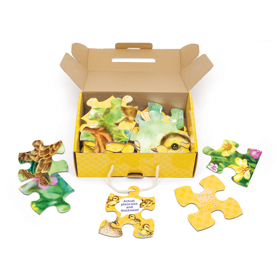 Ducklings box opened, showing the pieces