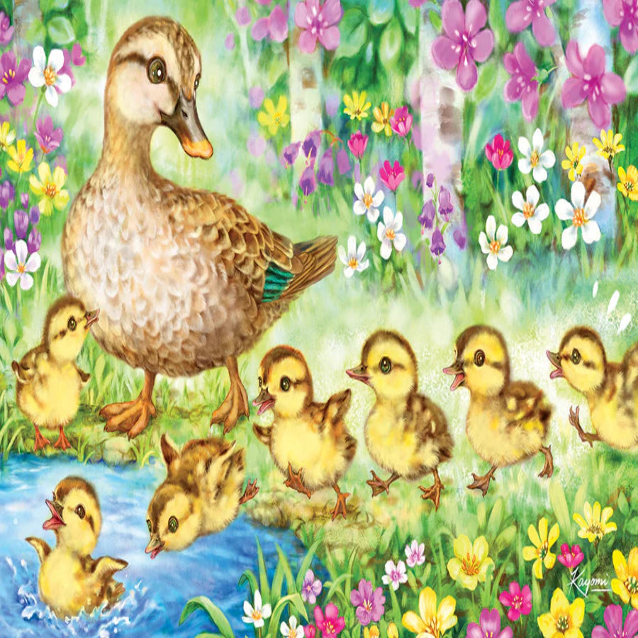 Mother duck with her ducklings in a colorful floral garden