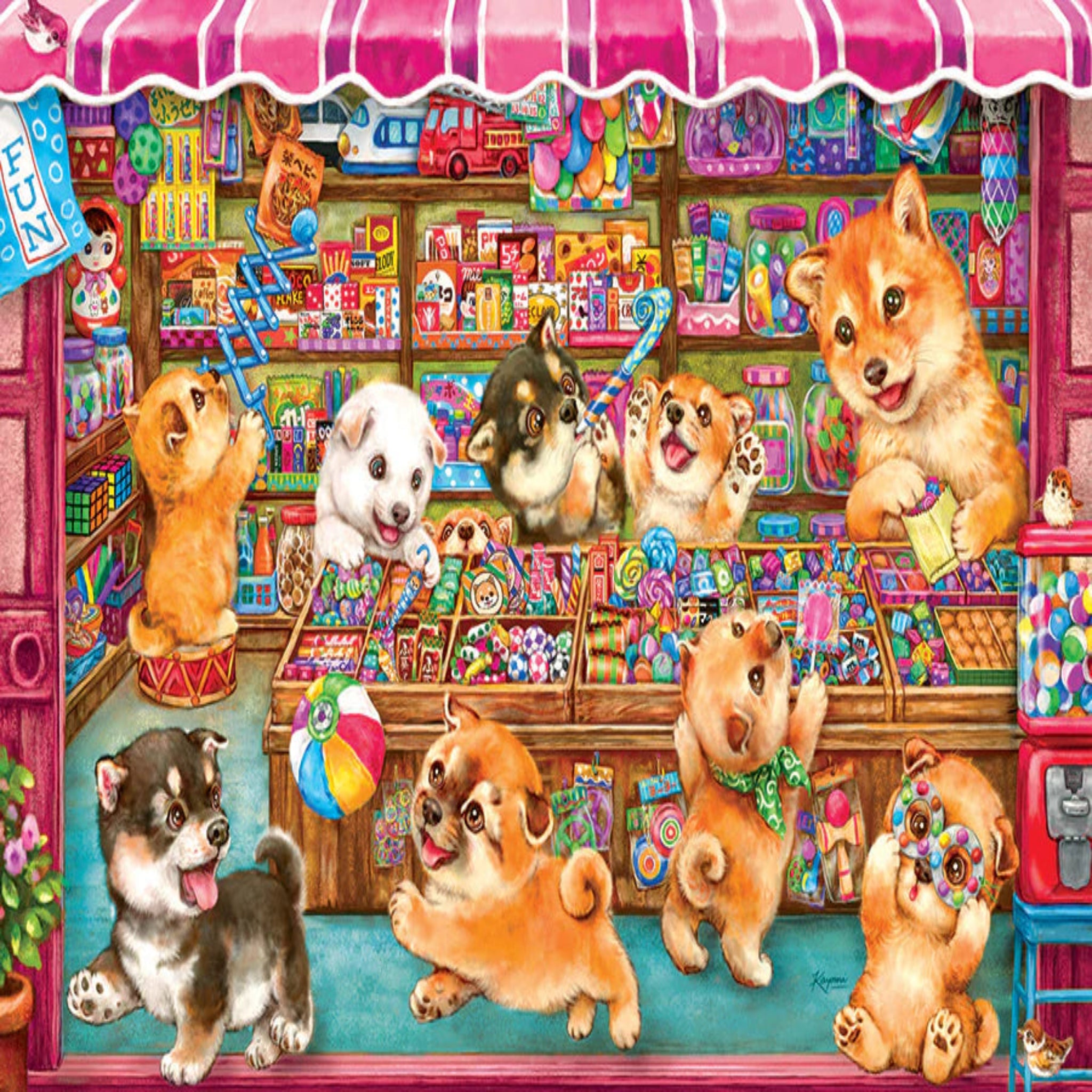Illustration of dogs in a toy store with colorful toys and a pink canopy.