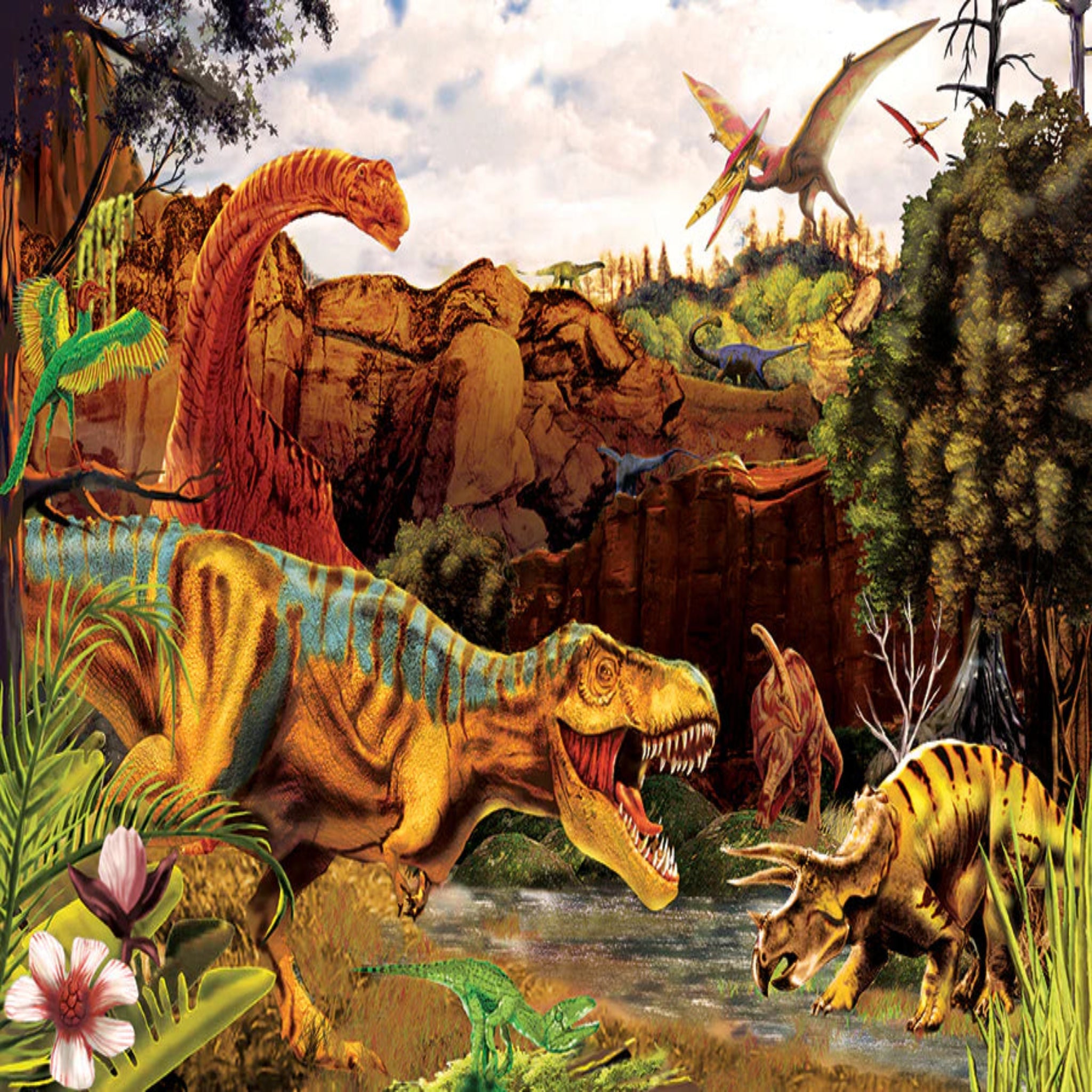 Dinosaur scene with various dinosaurs in a prehistoric landscape