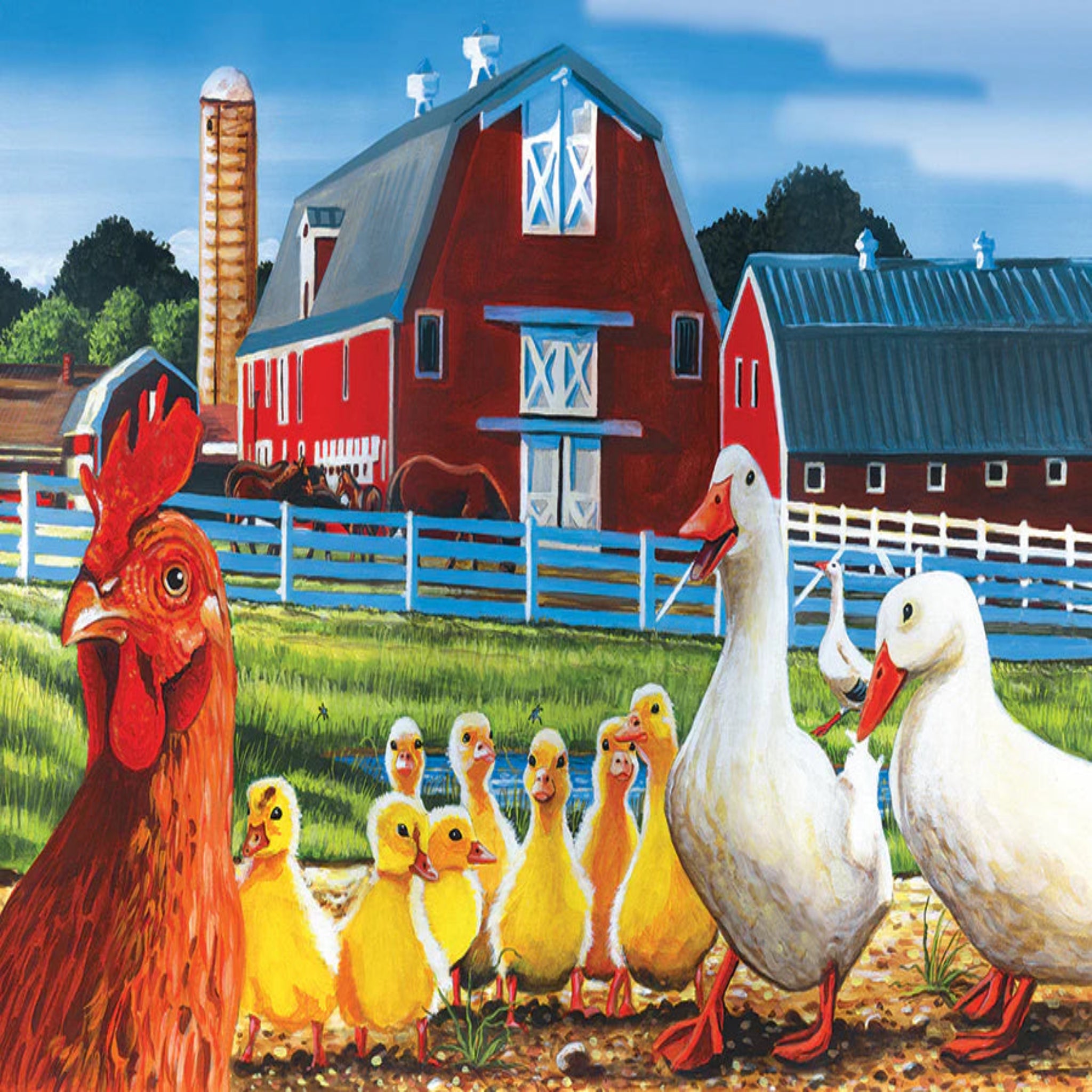 Farm scene with chickens, ducks, and a red barn.