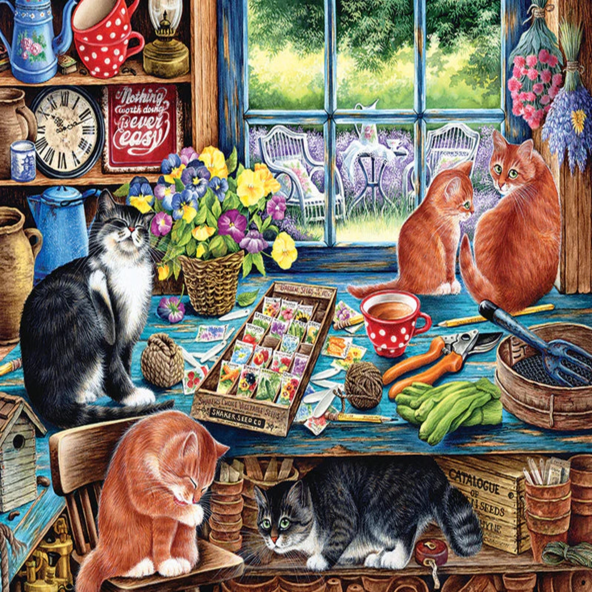 Illustration of cats around a table with various items in a cozy room.
