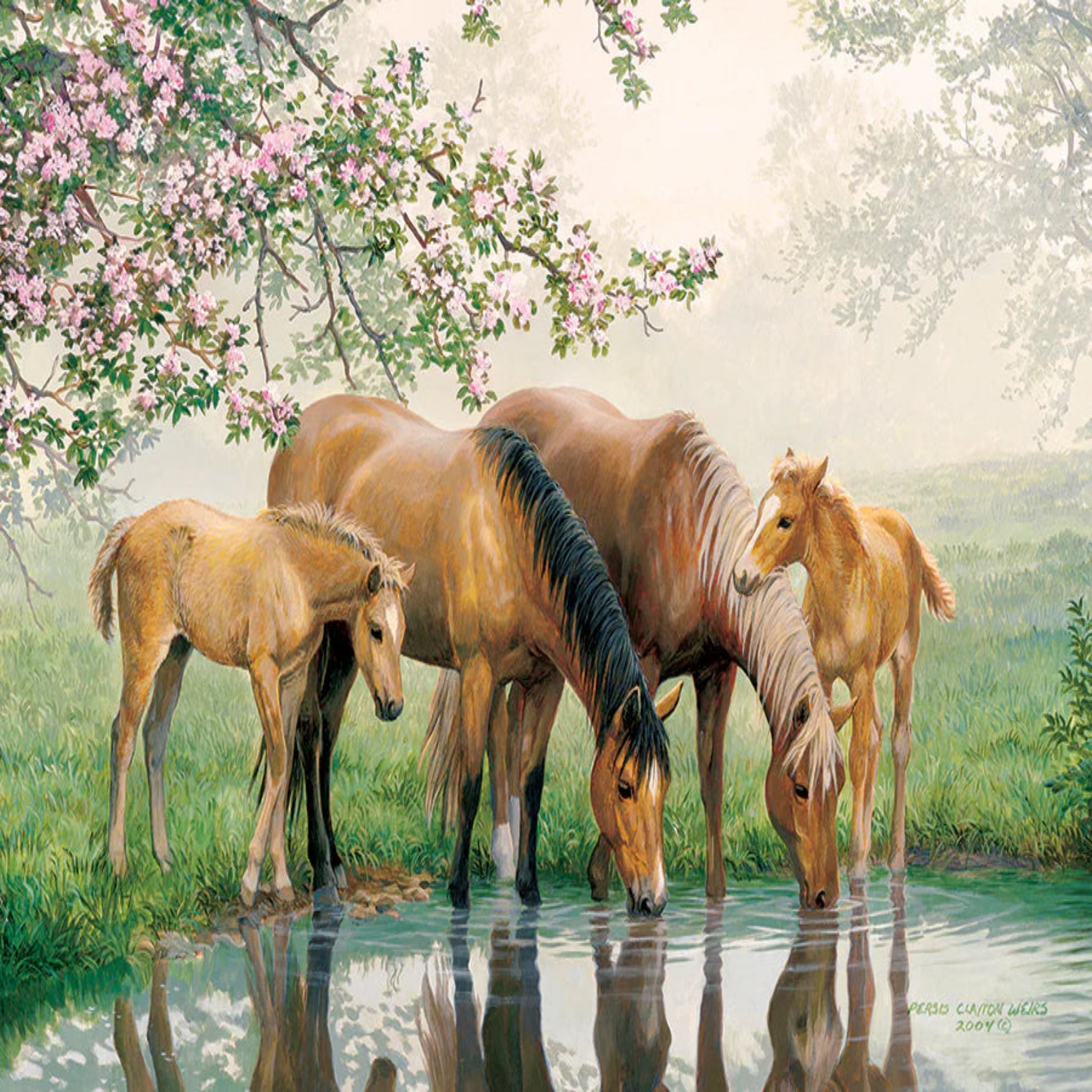 Horses and foals drinking water from a pond with cherry blossoms in the background