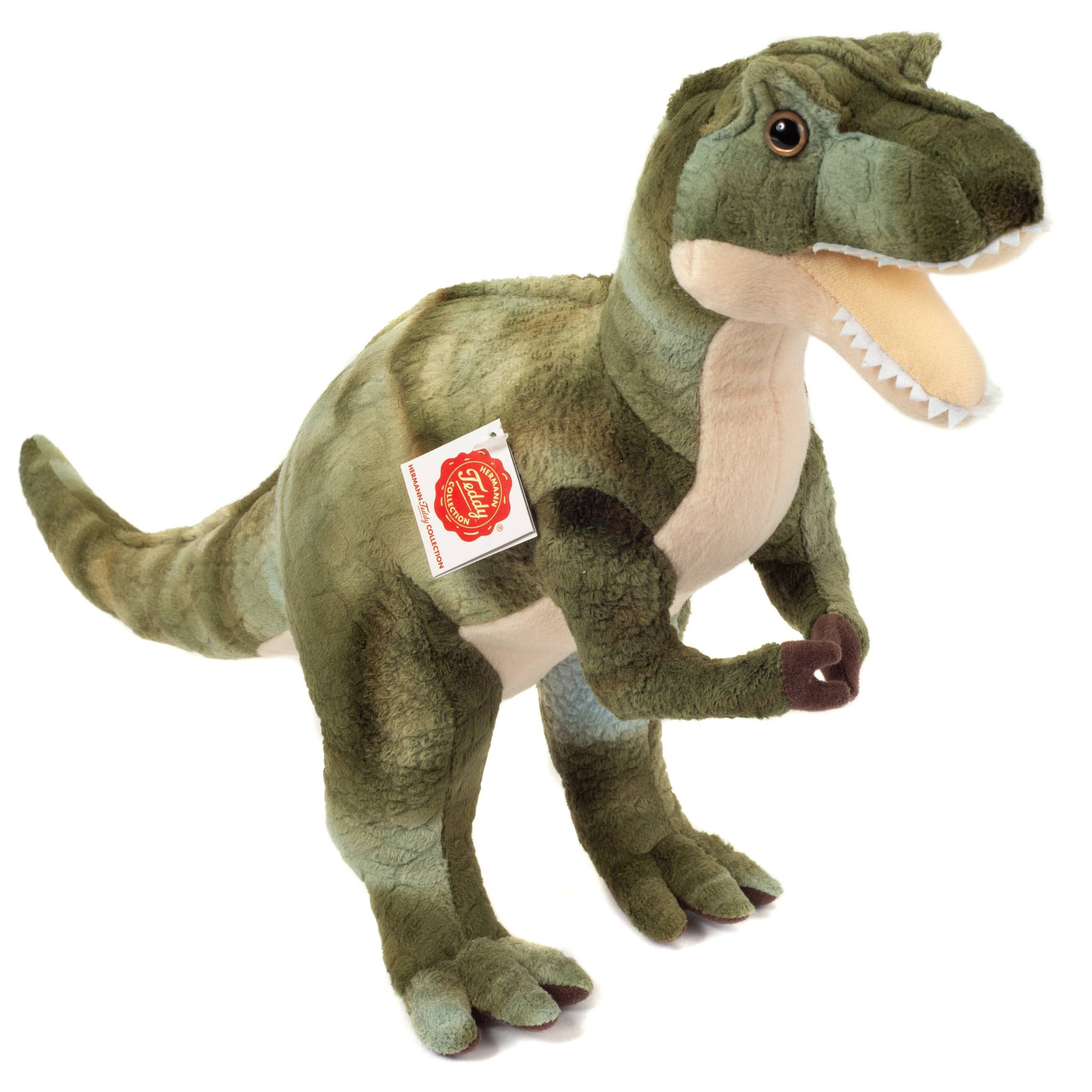 Plush dinosaur toy with a visible brand tag on a white background