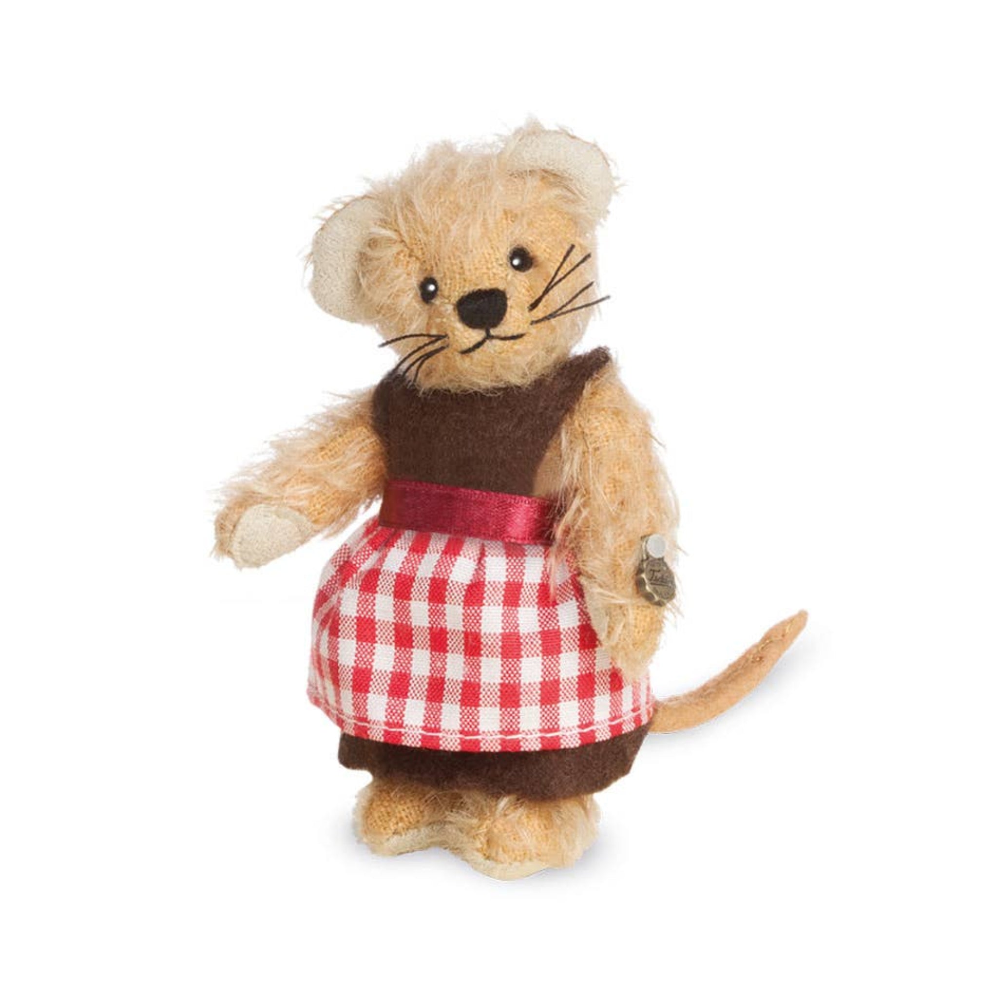 Stuffed toy mouse in a red and white checkered dress on a white background