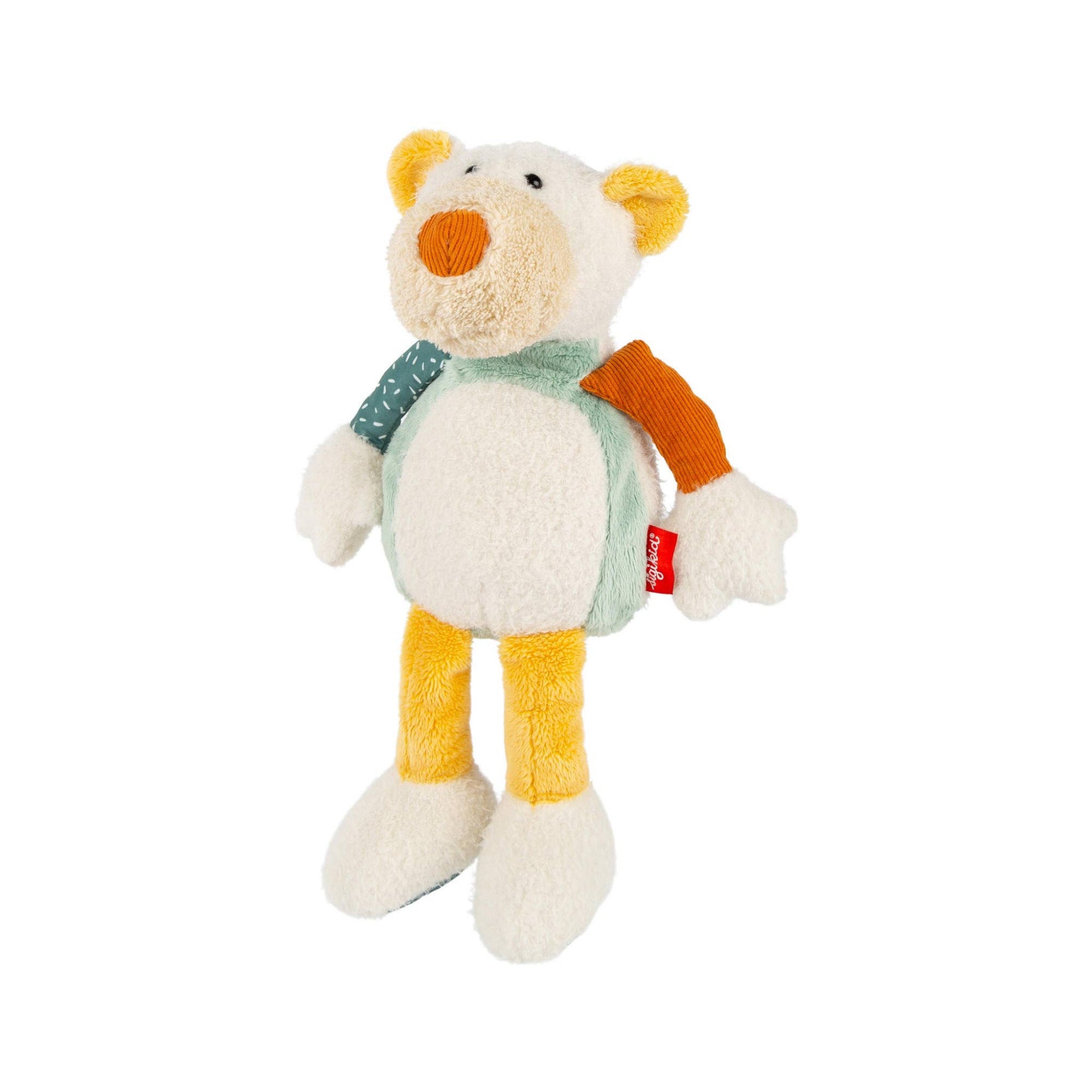 Plush toy bear with a backpack on a white background