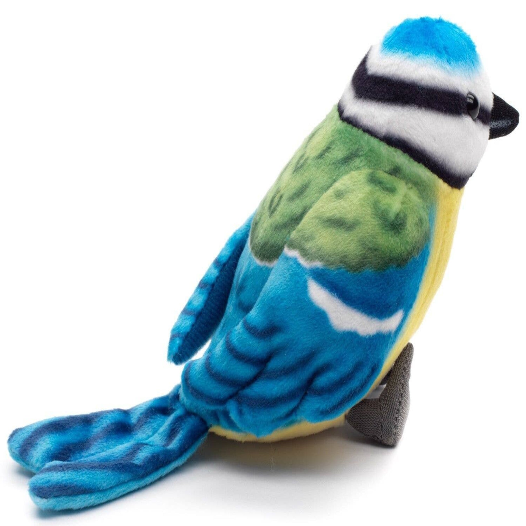 Plush toy bird with blue, green, and yellow colors on a white background