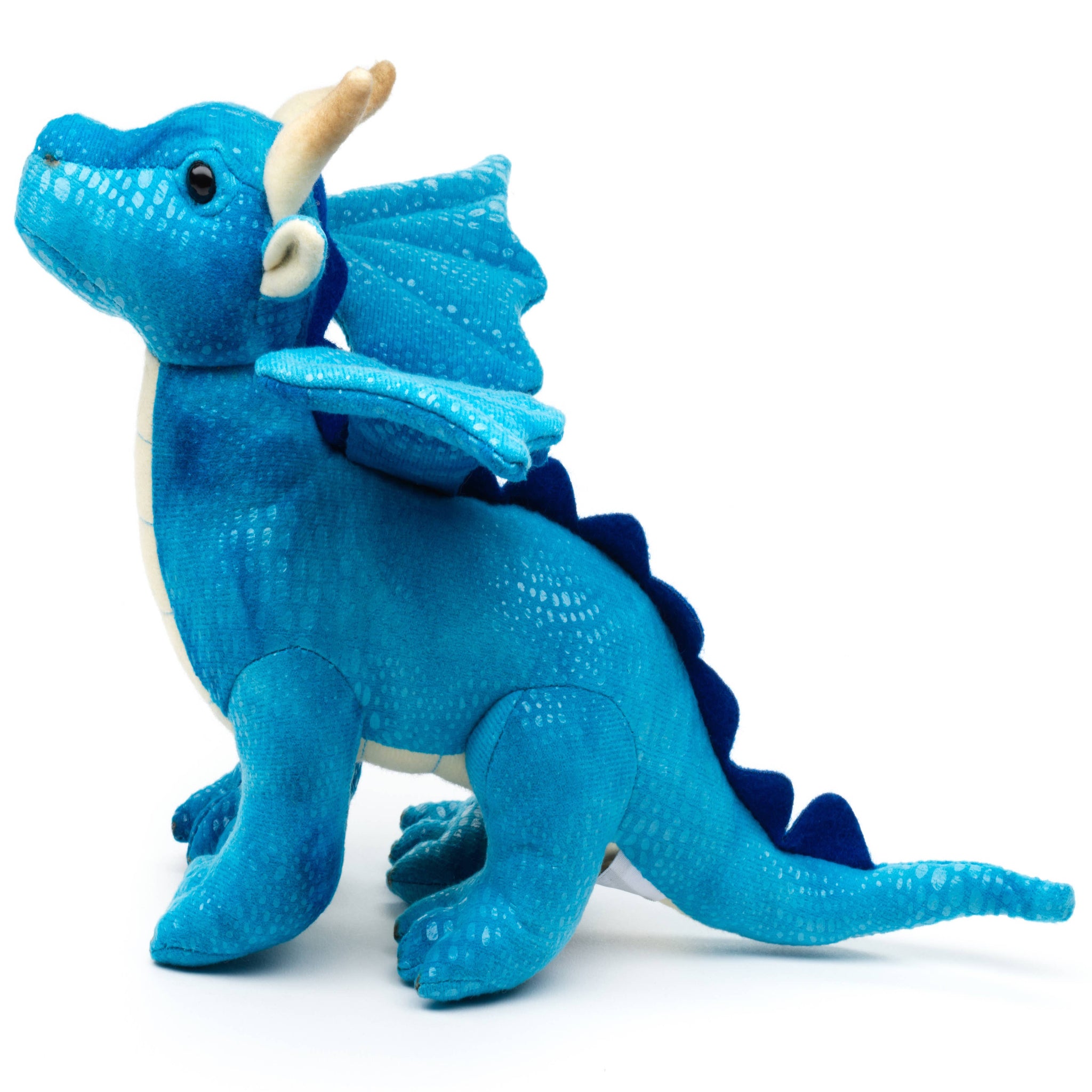 Blue dragon toy with white accents on a white background