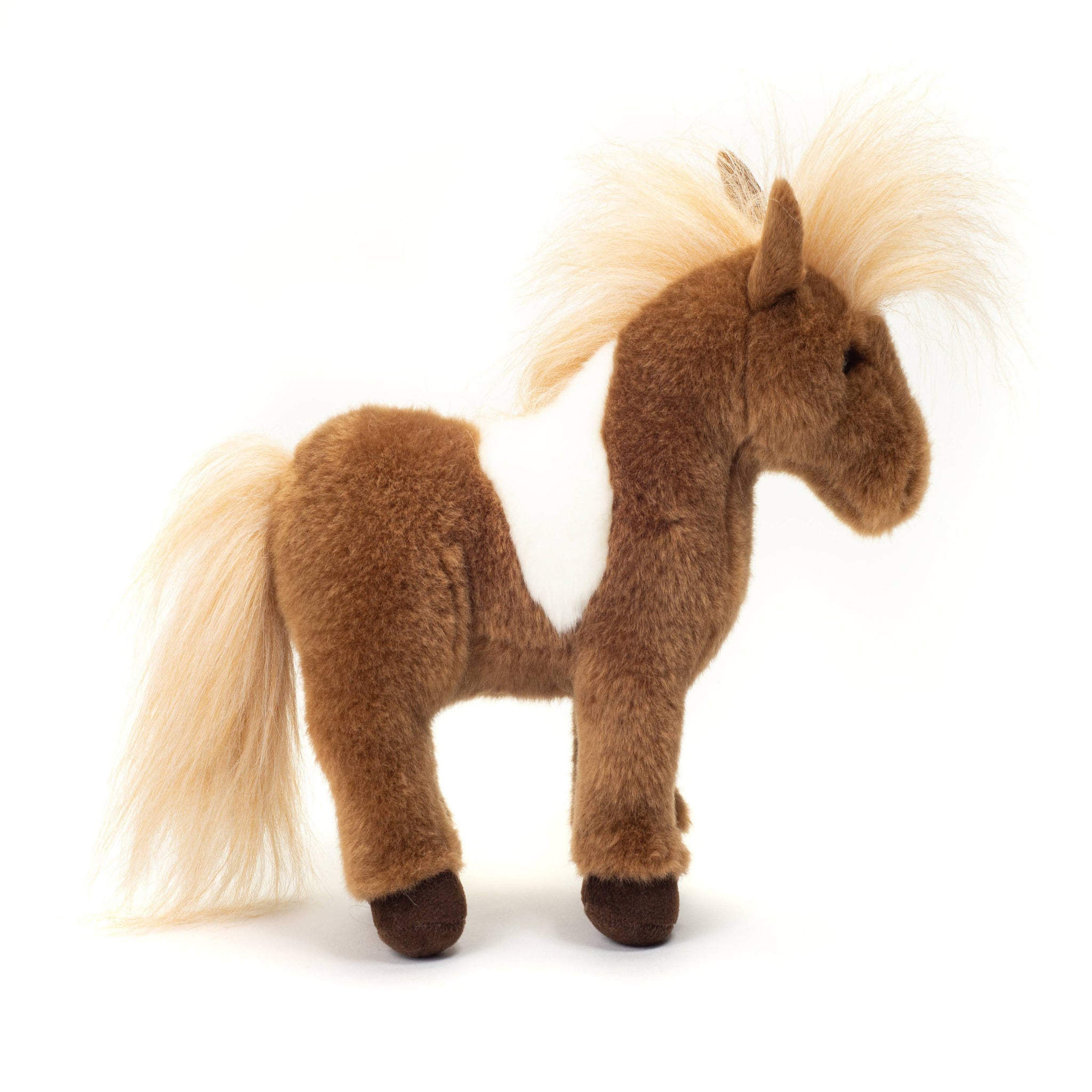 Plush horse toy with brown body and blonde mane on a white background