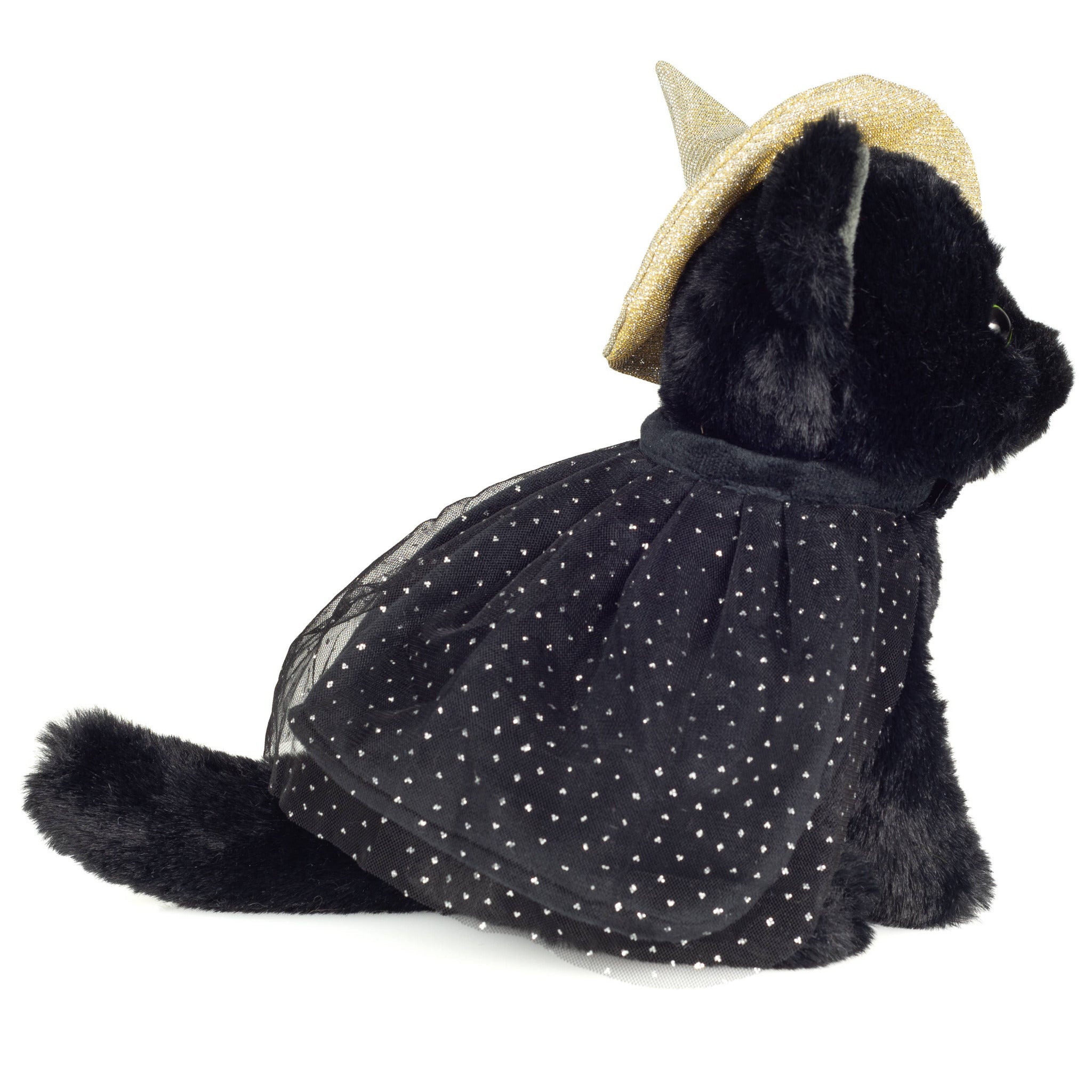 Black cat plush toy wearing a black polka dot dress and straw hat on a white background