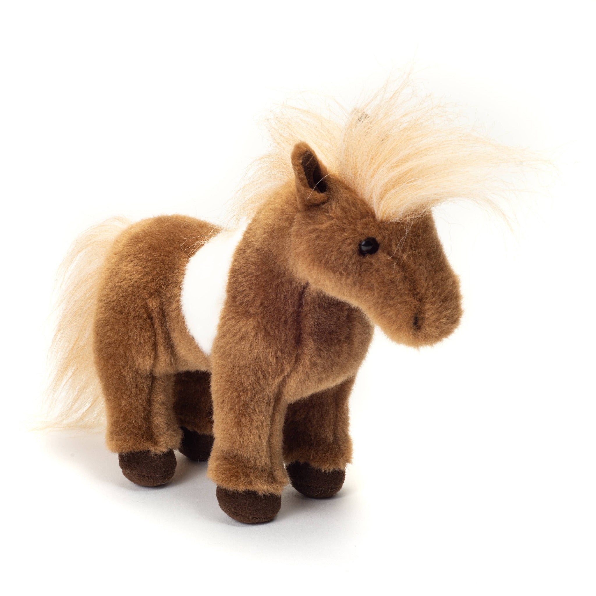 Plush horse toy with brown body and white mane on a white background