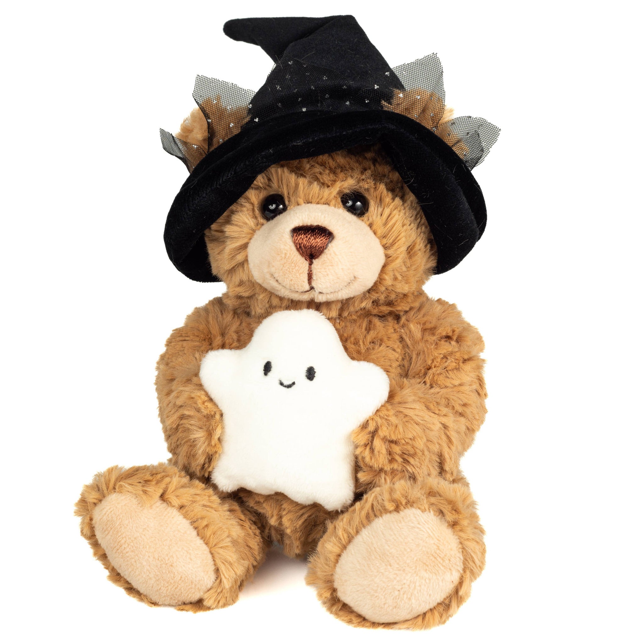 Plush teddy bear in a witch costume holding a ghost toy on a white background