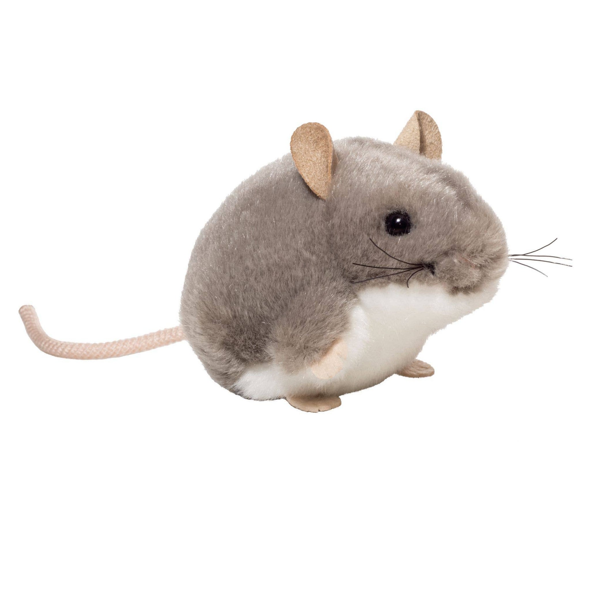 Plush toy mouse with gray and white fur on a white background