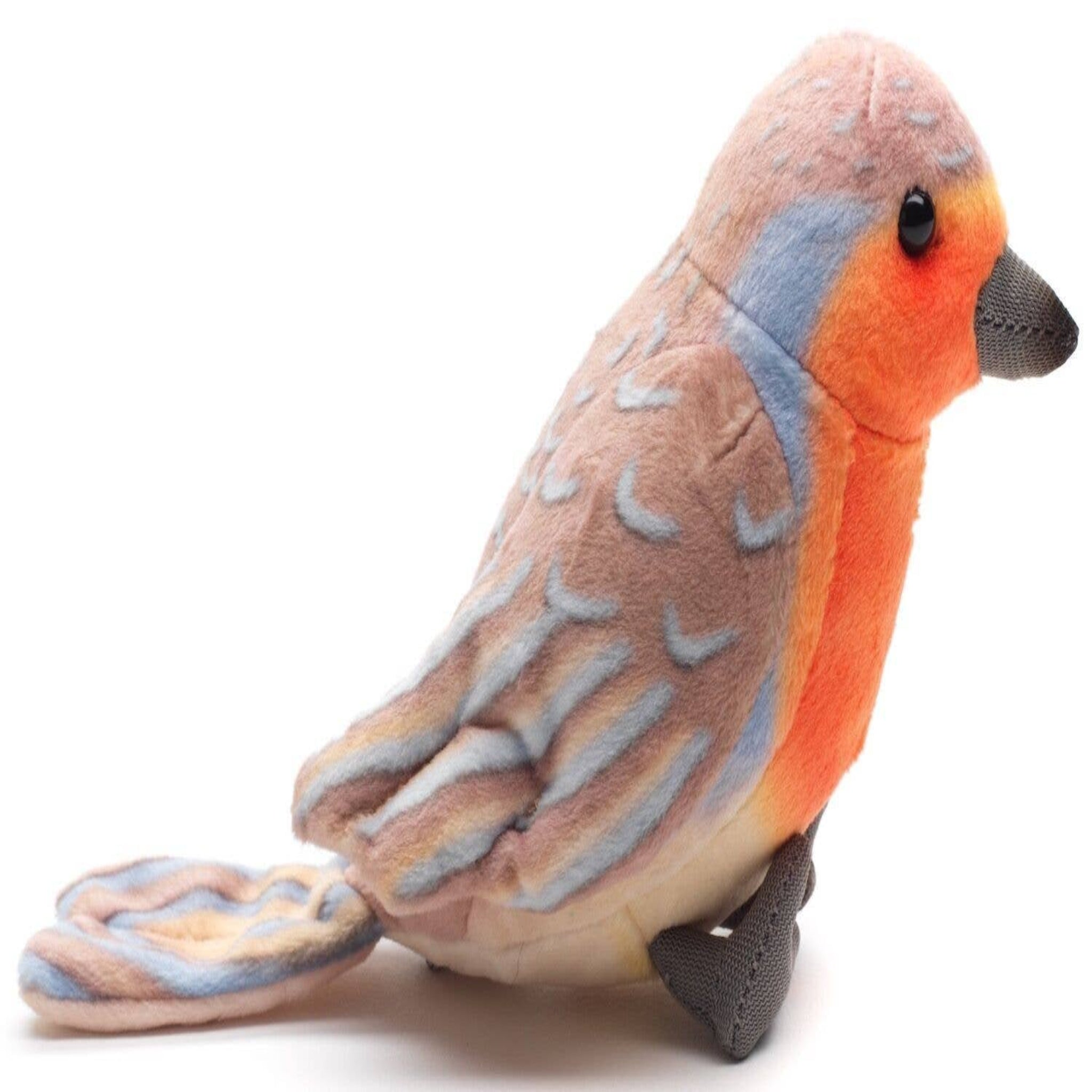Plush toy bird with orange and brown colors on a white background
