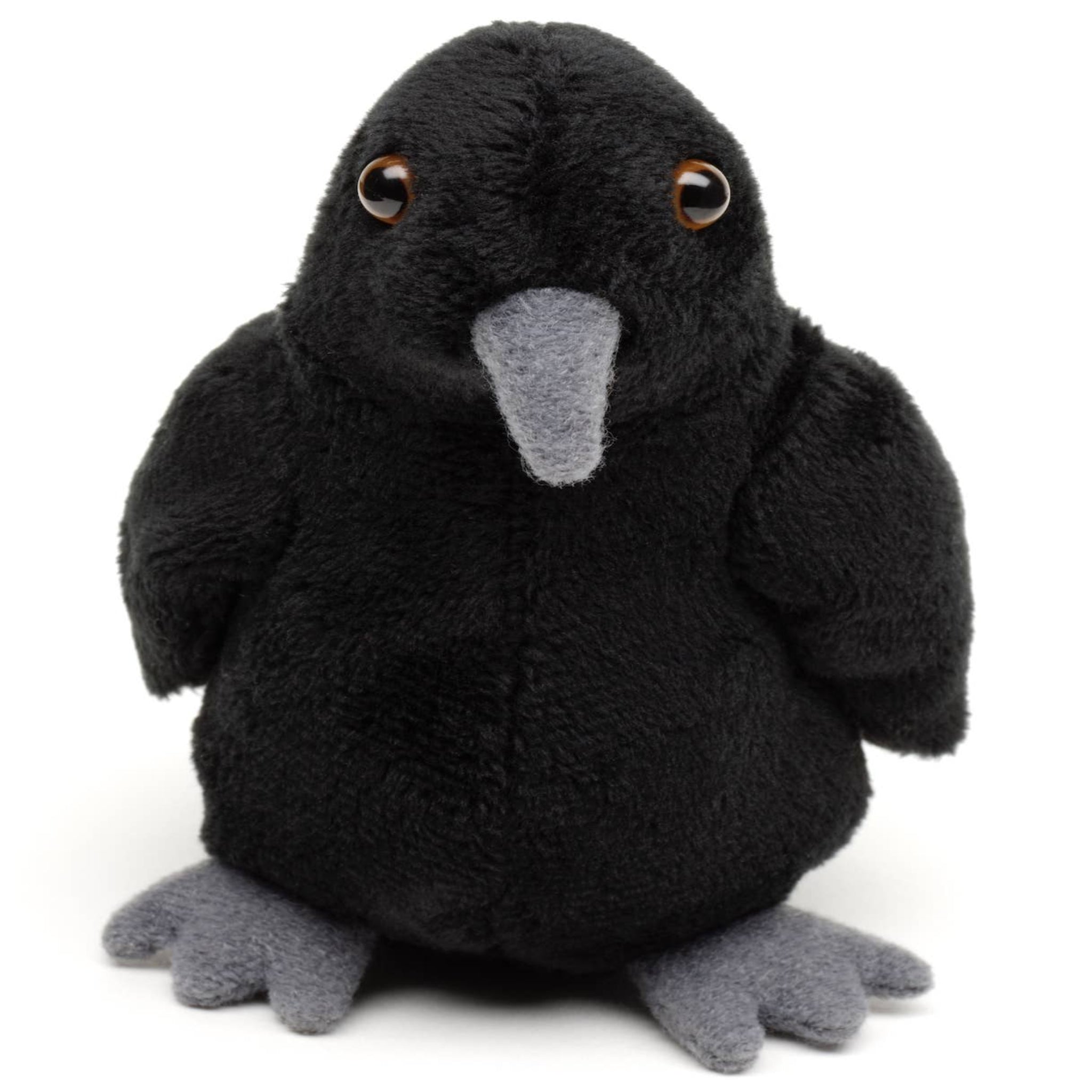 Black plush toy with gray feet and beak on a white background