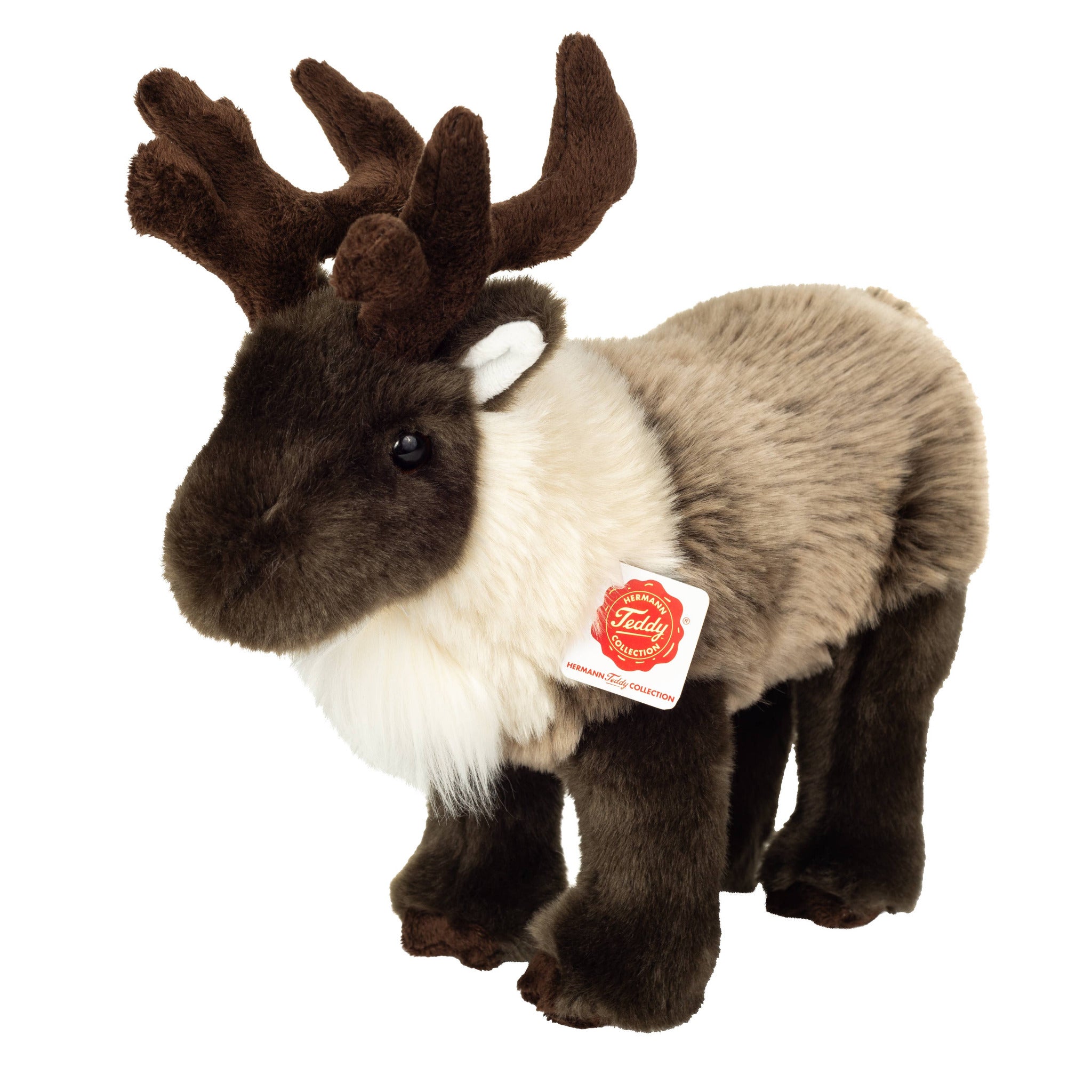 Plush reindeer toy with a visible brand tag on a white background