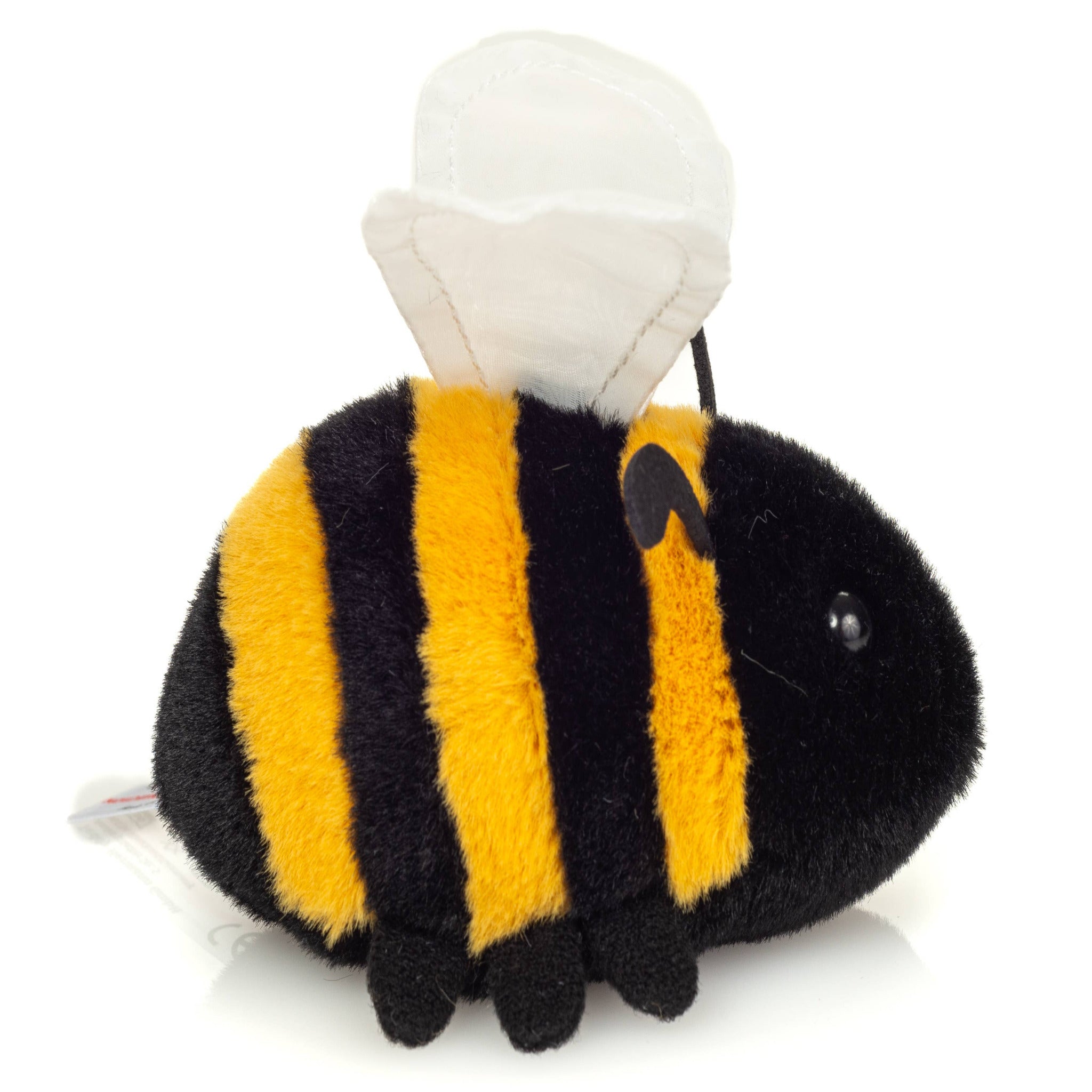Plush bee toy with black and yellow stripes on a white background