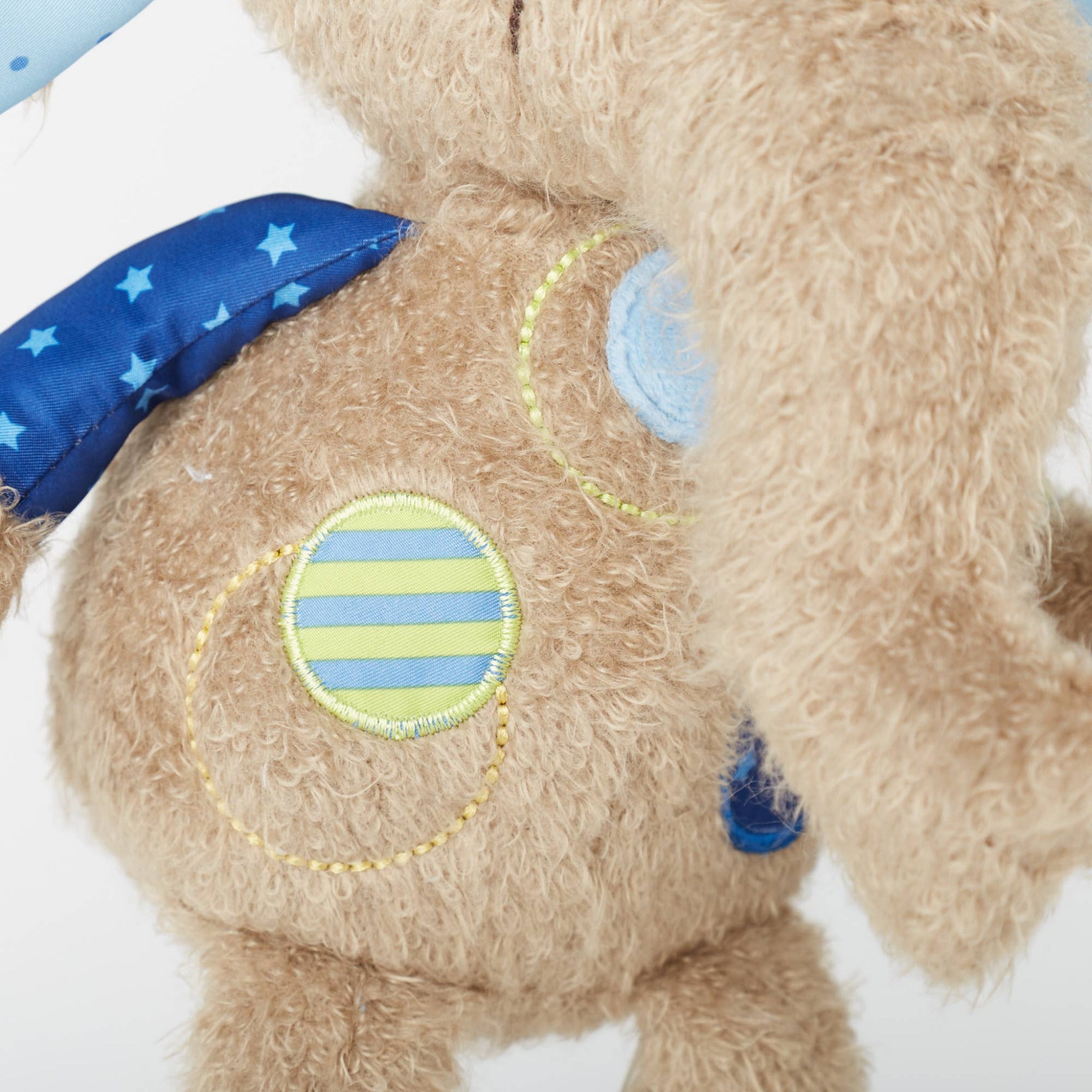 Close-up of a teddy bear with blue and green patches on a white background