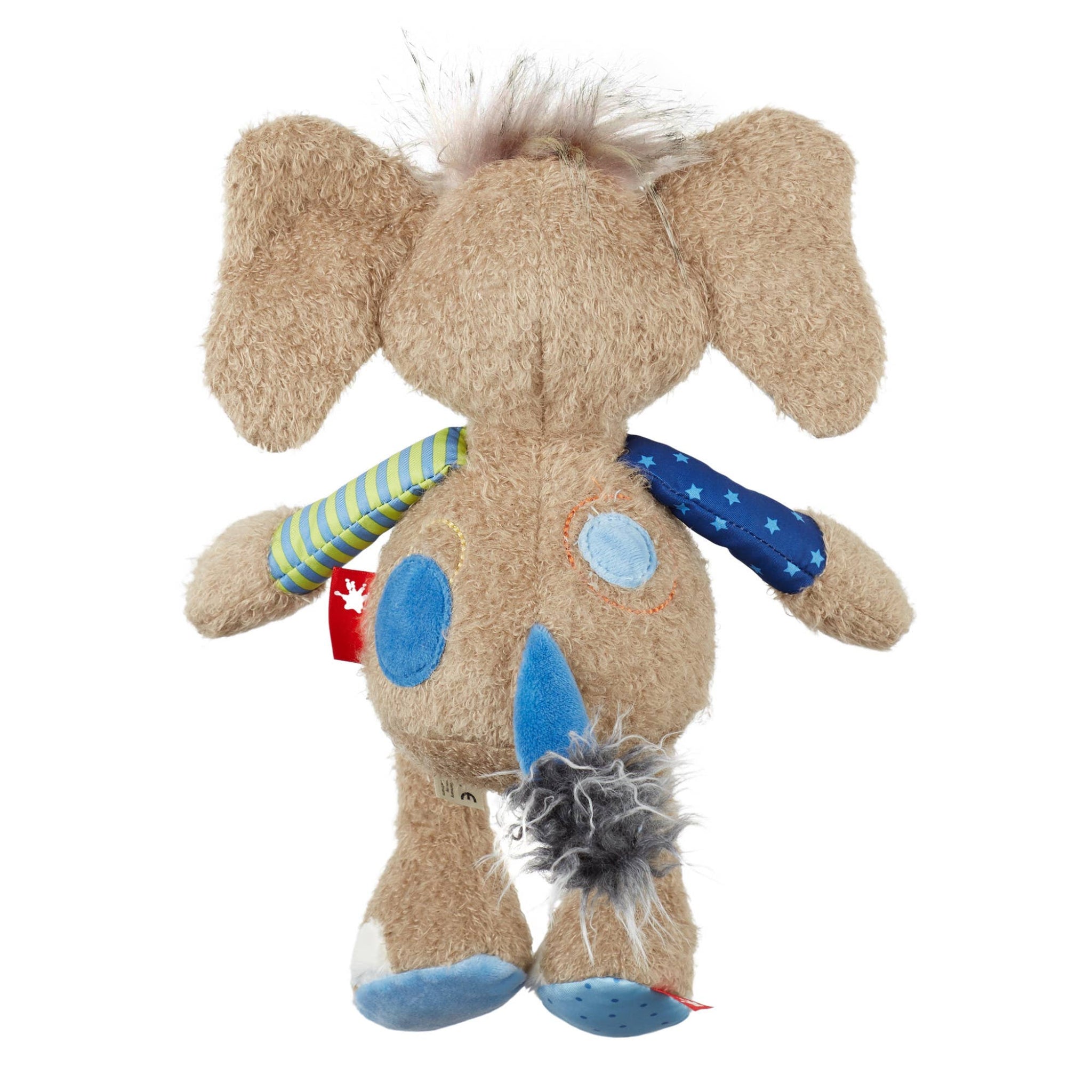 Plush elephant toy with colorful accents on a white background