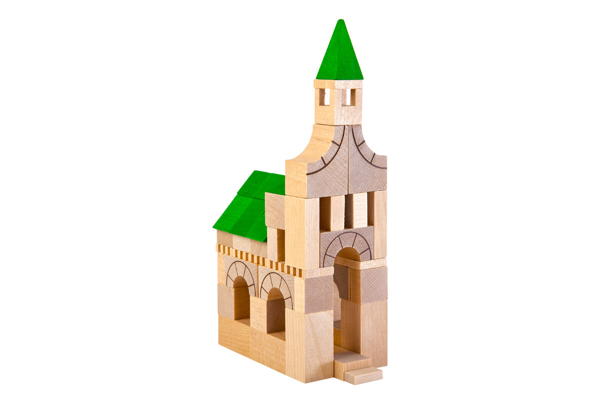 Architect 63 Parts Construction Set by VARIS, built as a church with green roofs