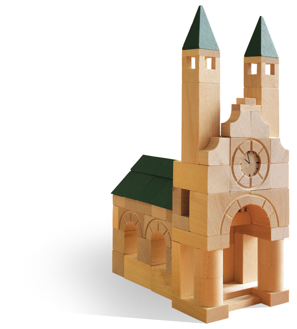 Architect 87 Parts Construction Set by VARIS, built as a church with two towers