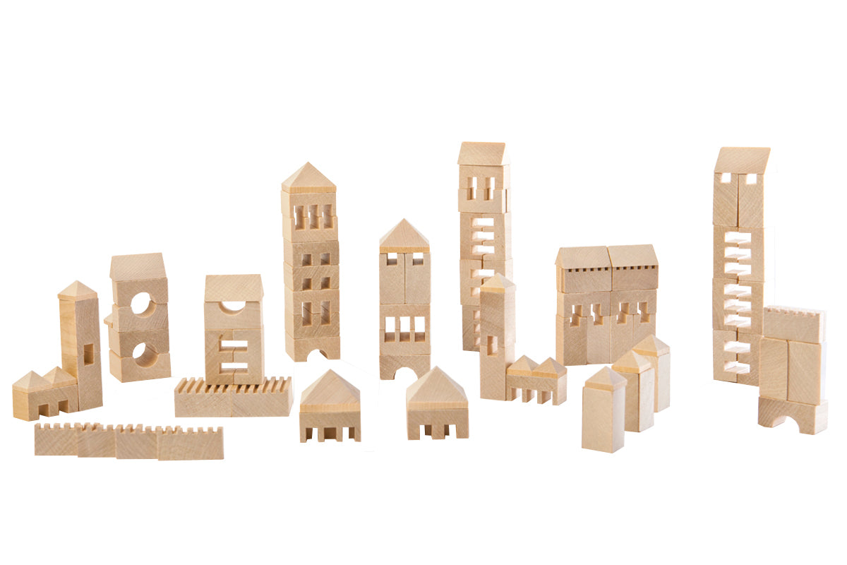 Town Builder 107 Parts Construction Set by VARIS, built as a row of town buildings