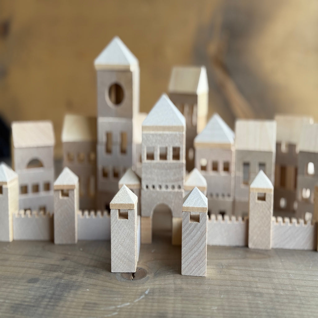 Model of a castle made from wooden blocks.
