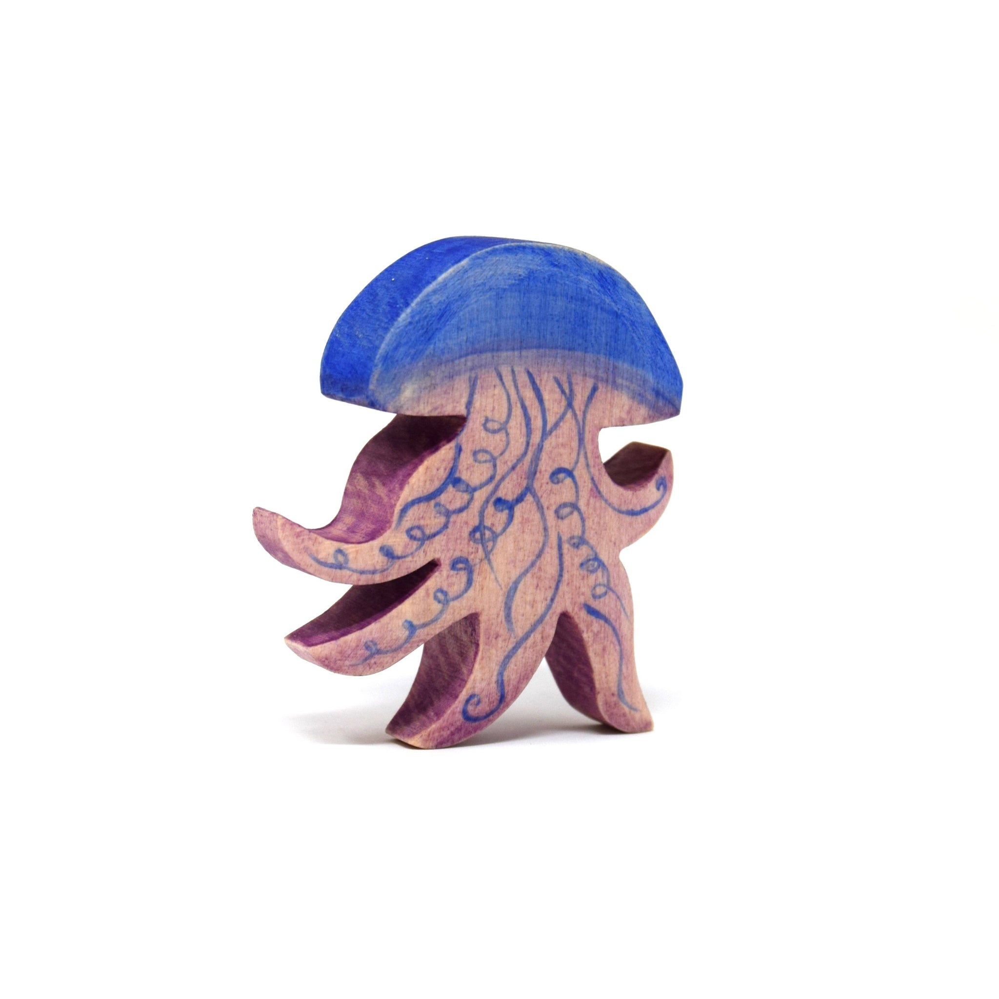 Wooden jellyfish figurine with blue top and purple bottom on a white background
