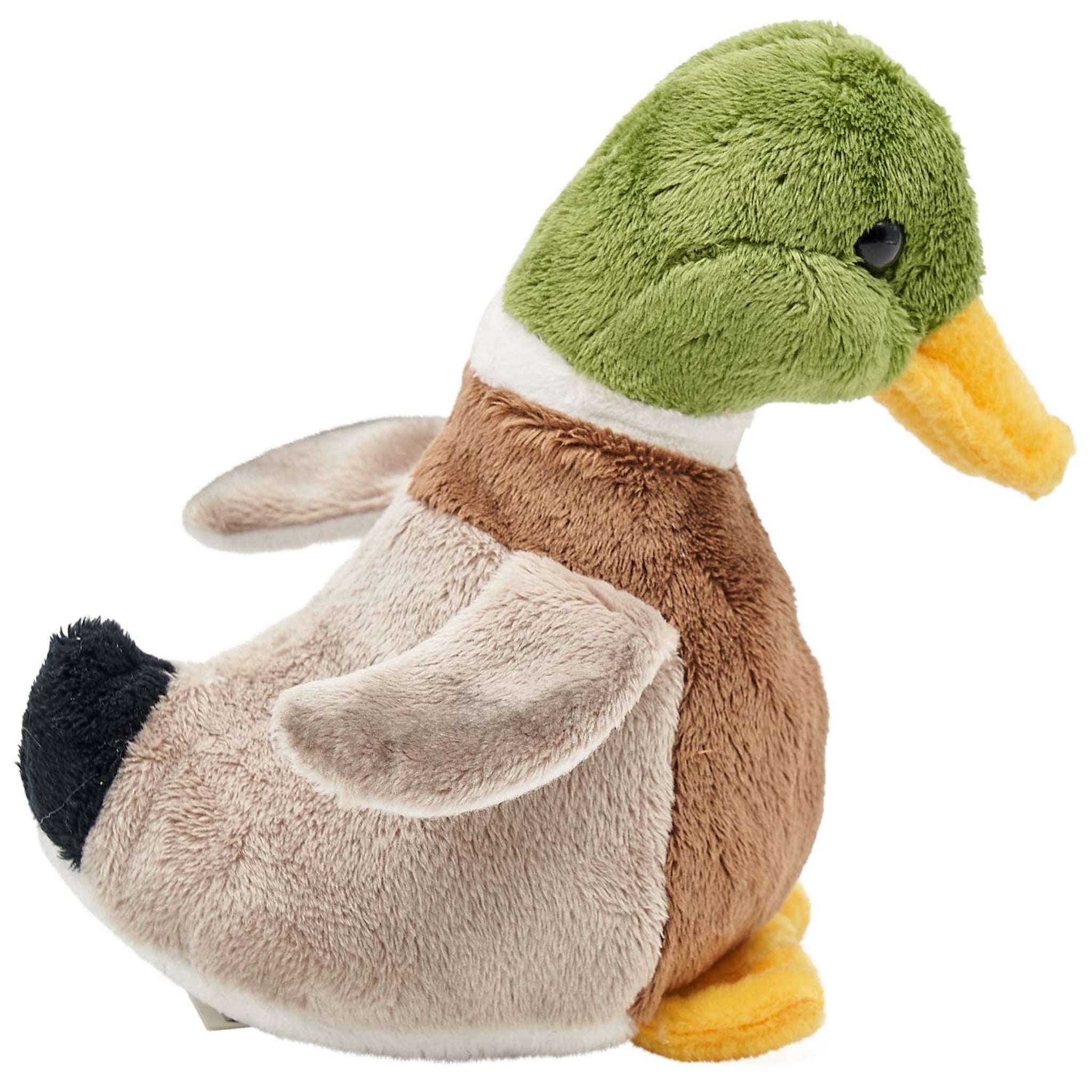 Plush duck toy with green head and brown body on a white background