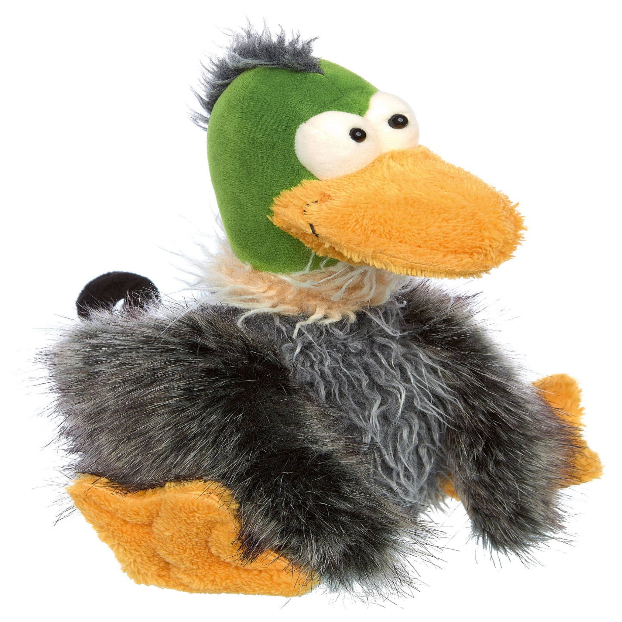 Plush toy duck with green head and orange beak on a white background