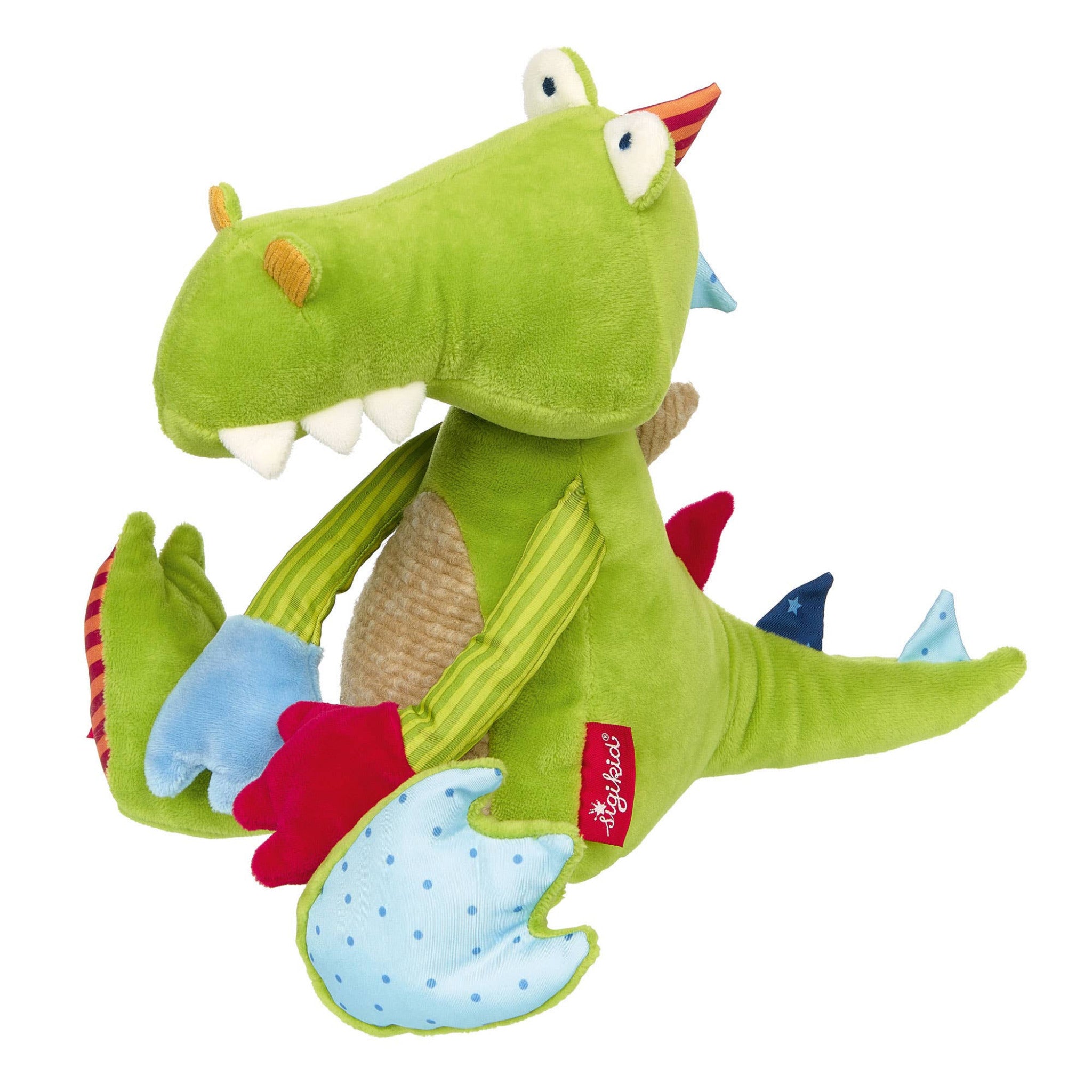 Green plush dragon toy with colorful accents on a white background
