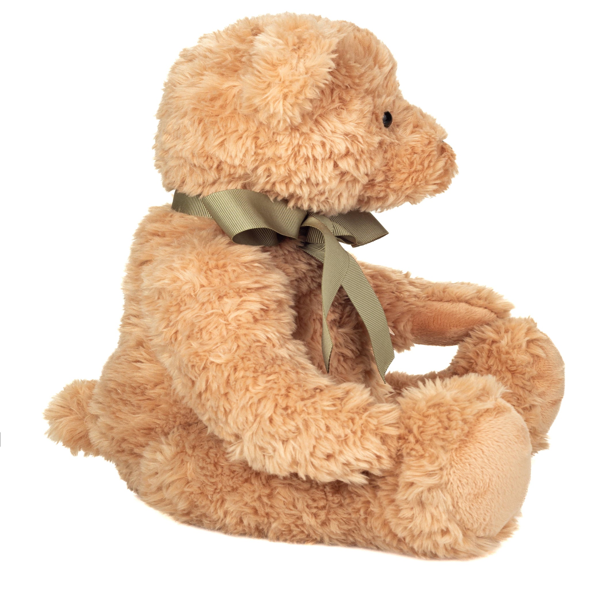 Plush teddy bear with a green ribbon on a white background