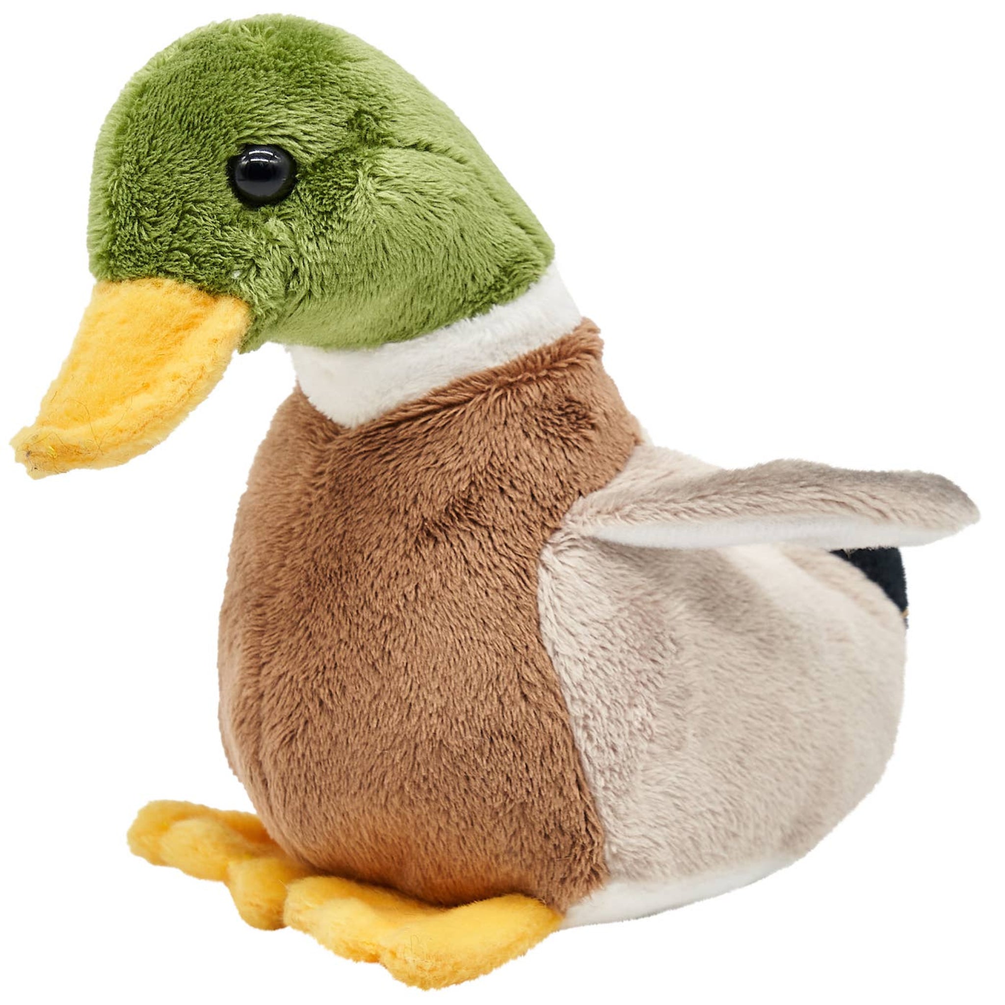 Plush duck toy with green head, brown body, and yellow feet on a white background