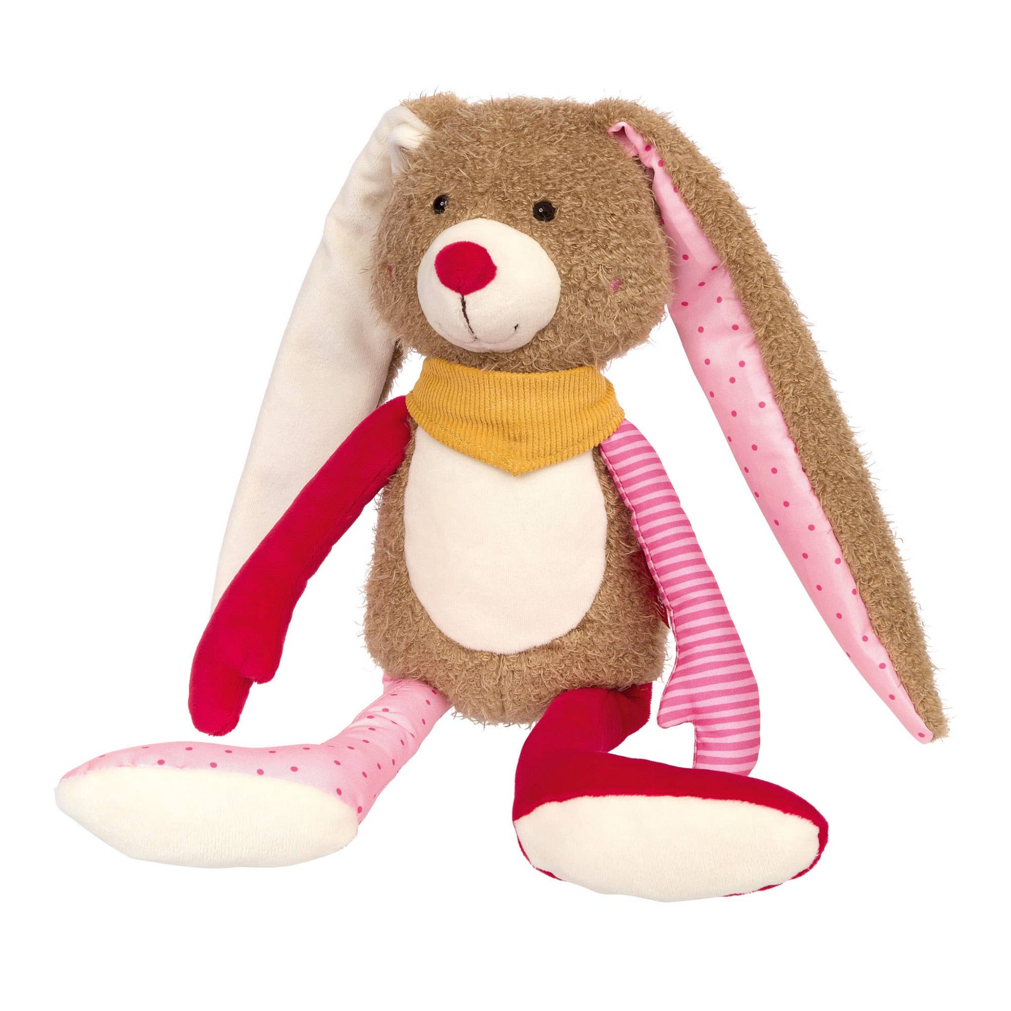 Plush toy rabbit with pink ears and red feet on a white background
