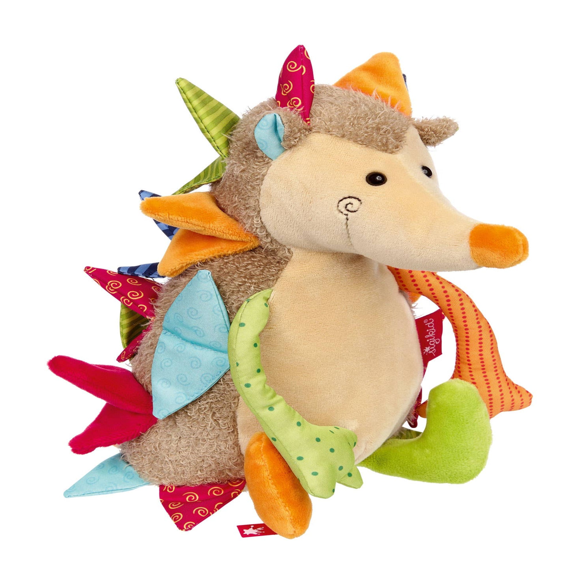 Colorful plush hedgehog toy with decorative elements on a white background