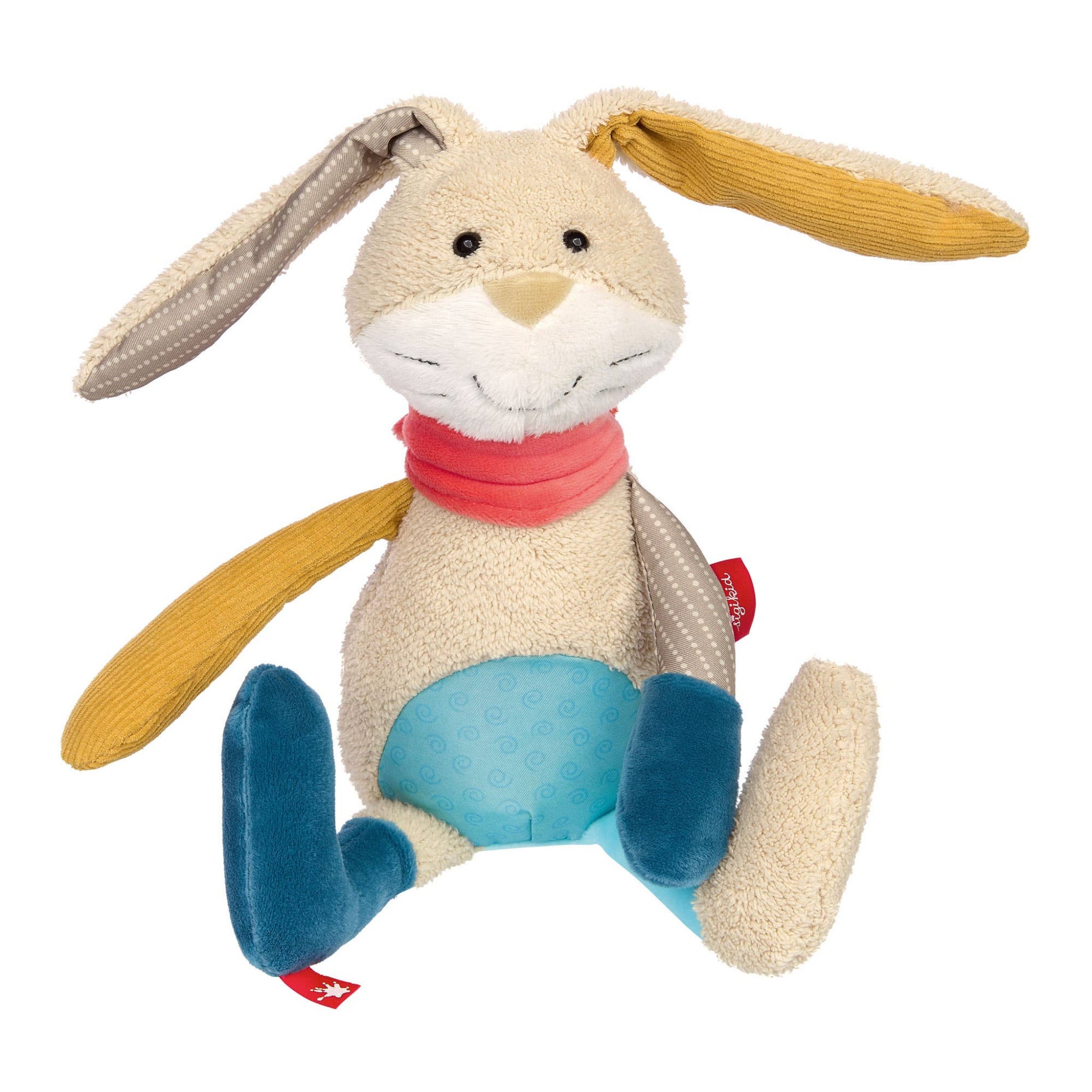 Plush toy rabbit with a pink scarf on a white background