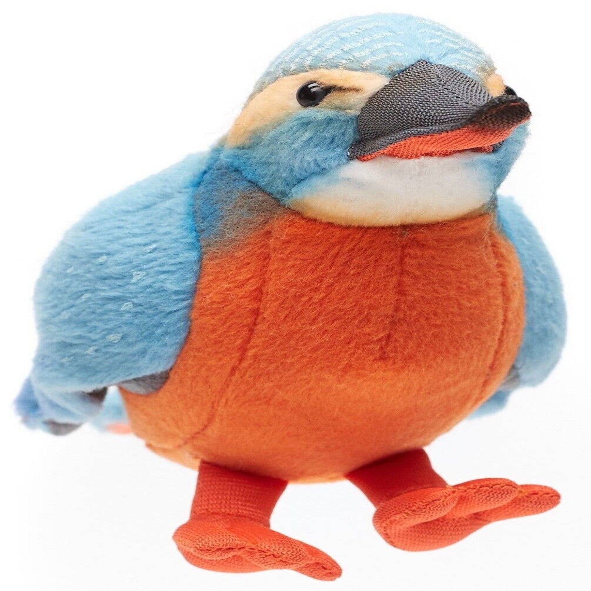 Plush toy parrot with blue and orange colors on a white background