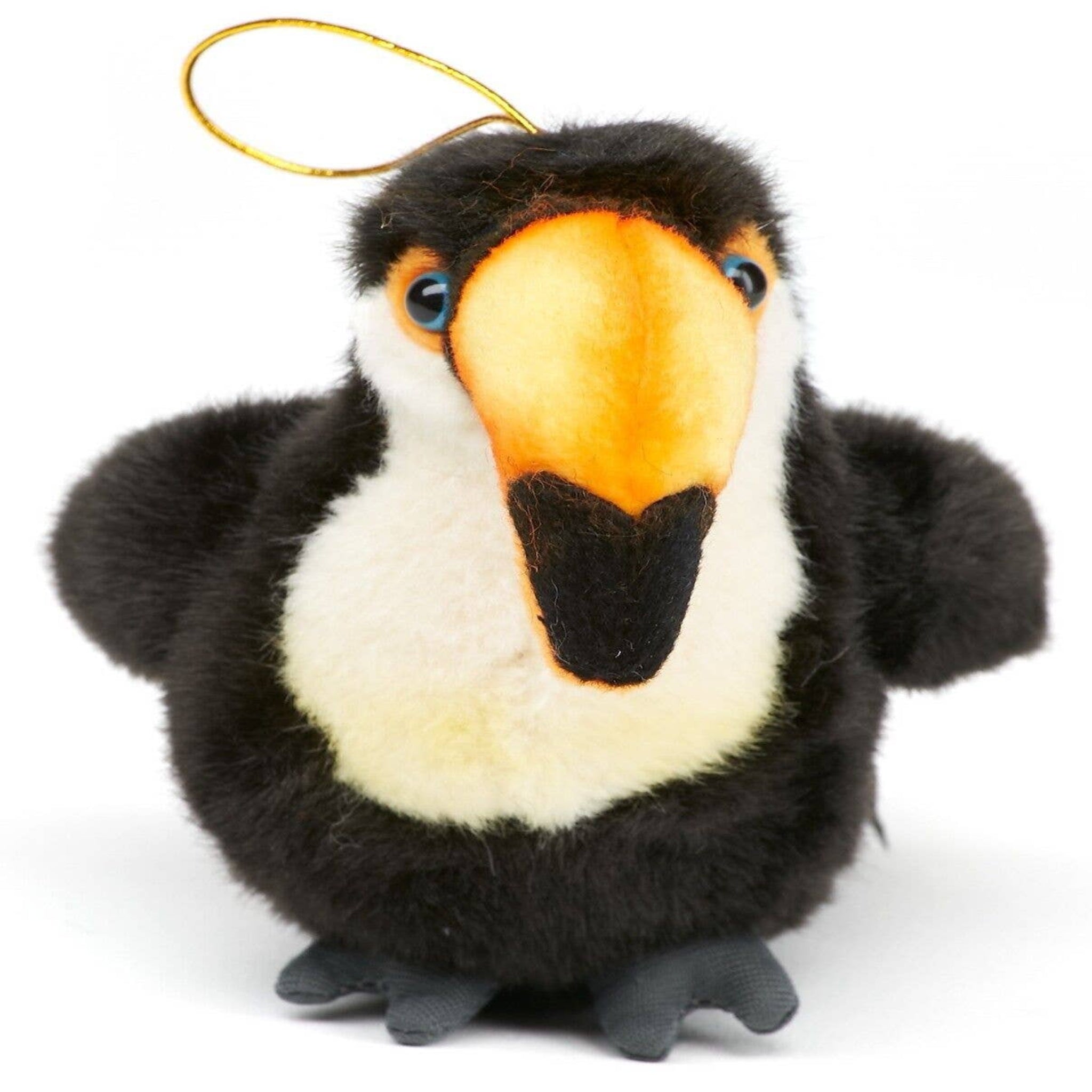 Plush toucan toy with a gold halo on a white background