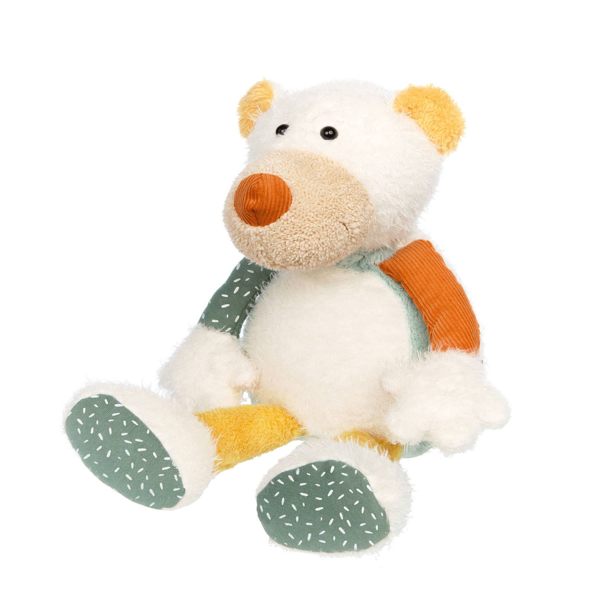Plush toy bear with a green and orange scarf on a white background