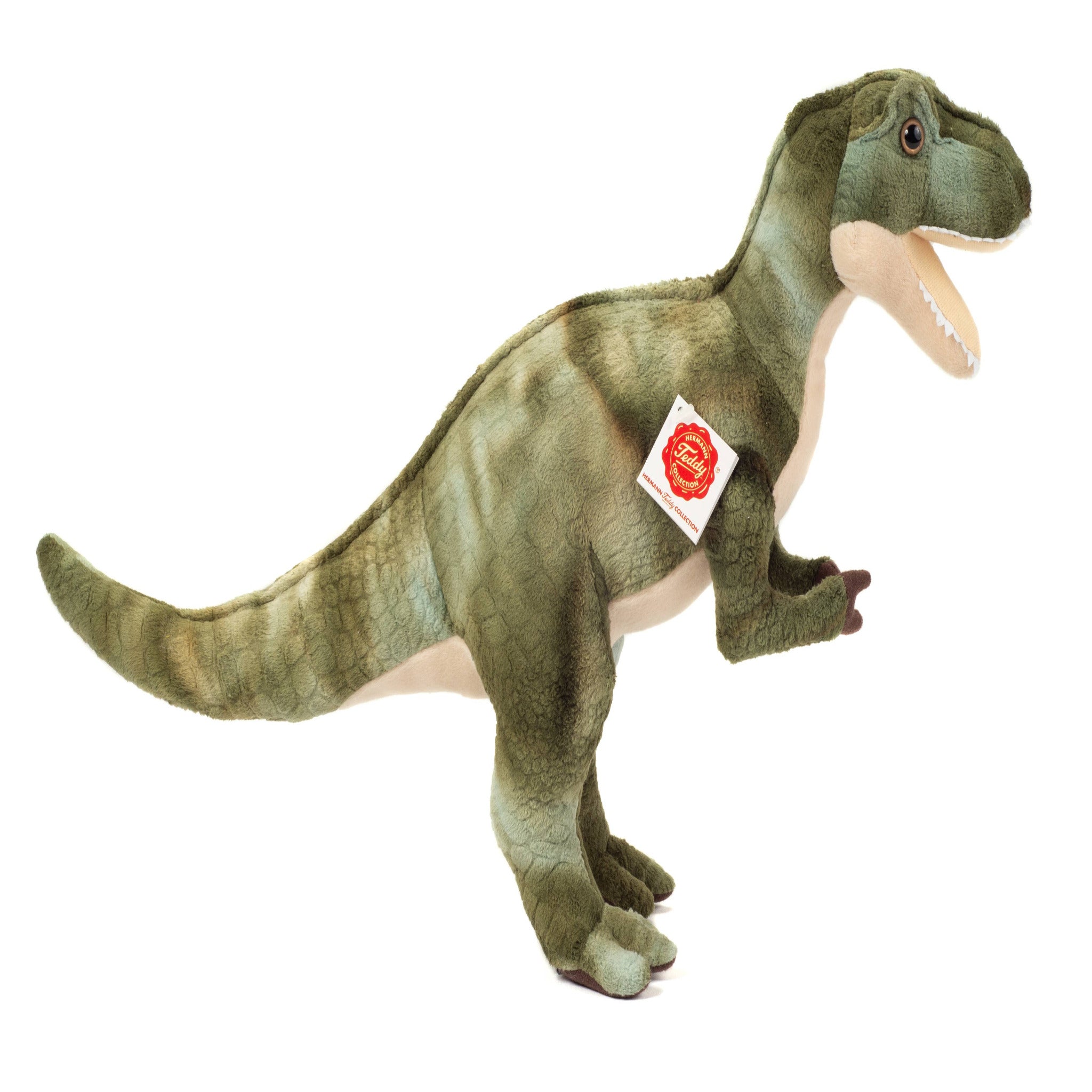Plush dinosaur toy with a visible brand tag on a white background