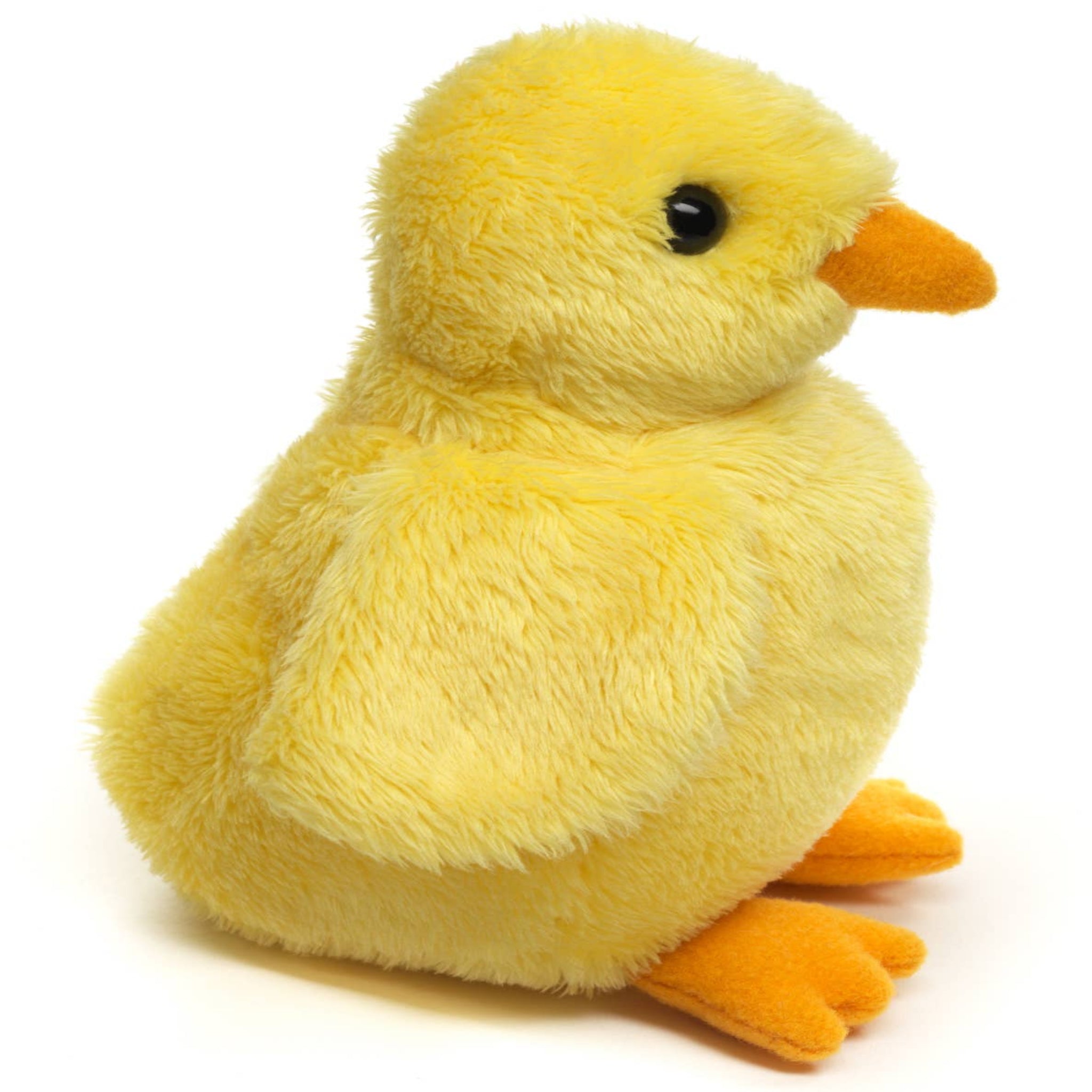 Yellow plush chick toy on a white background
