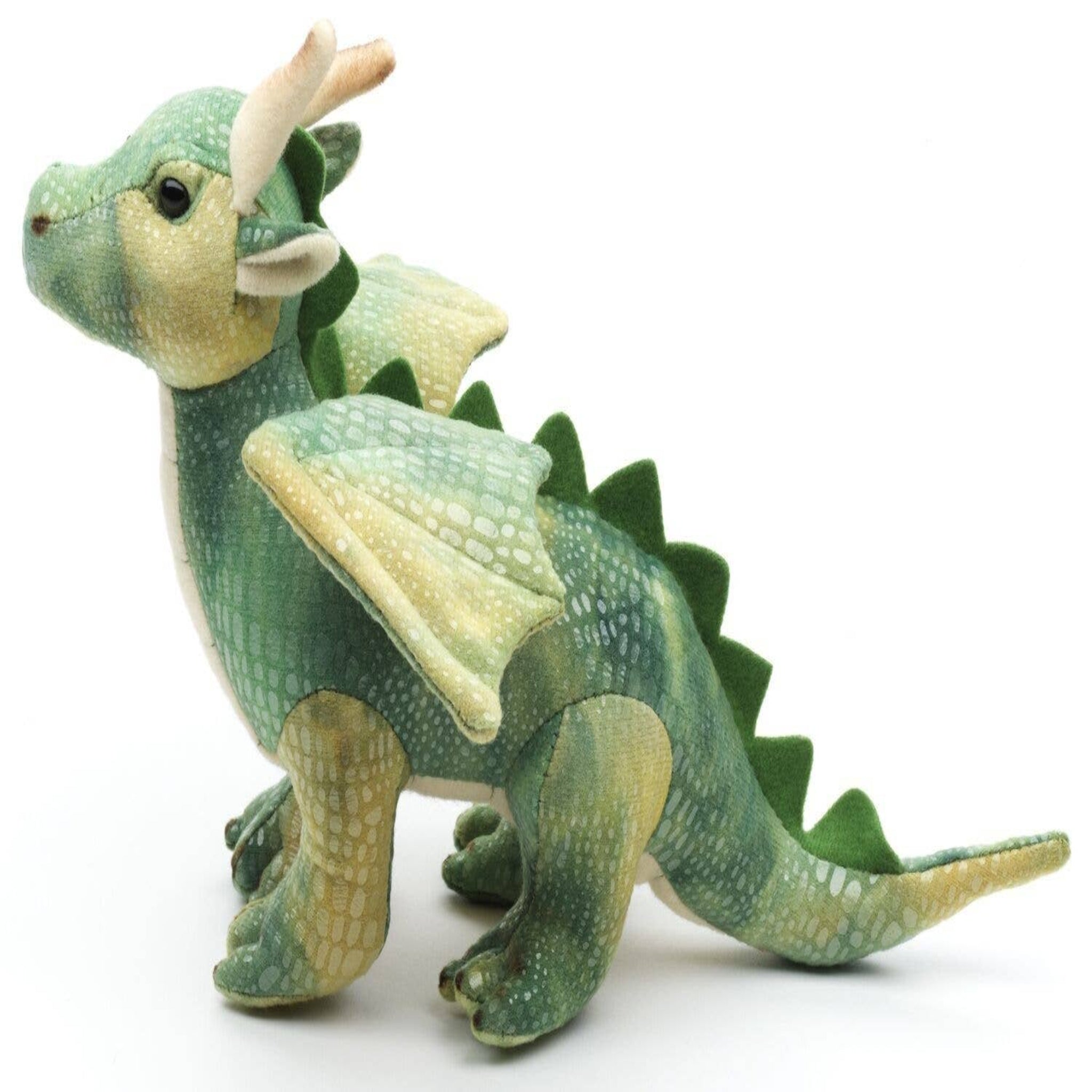 Green dragon plush toy on a white background