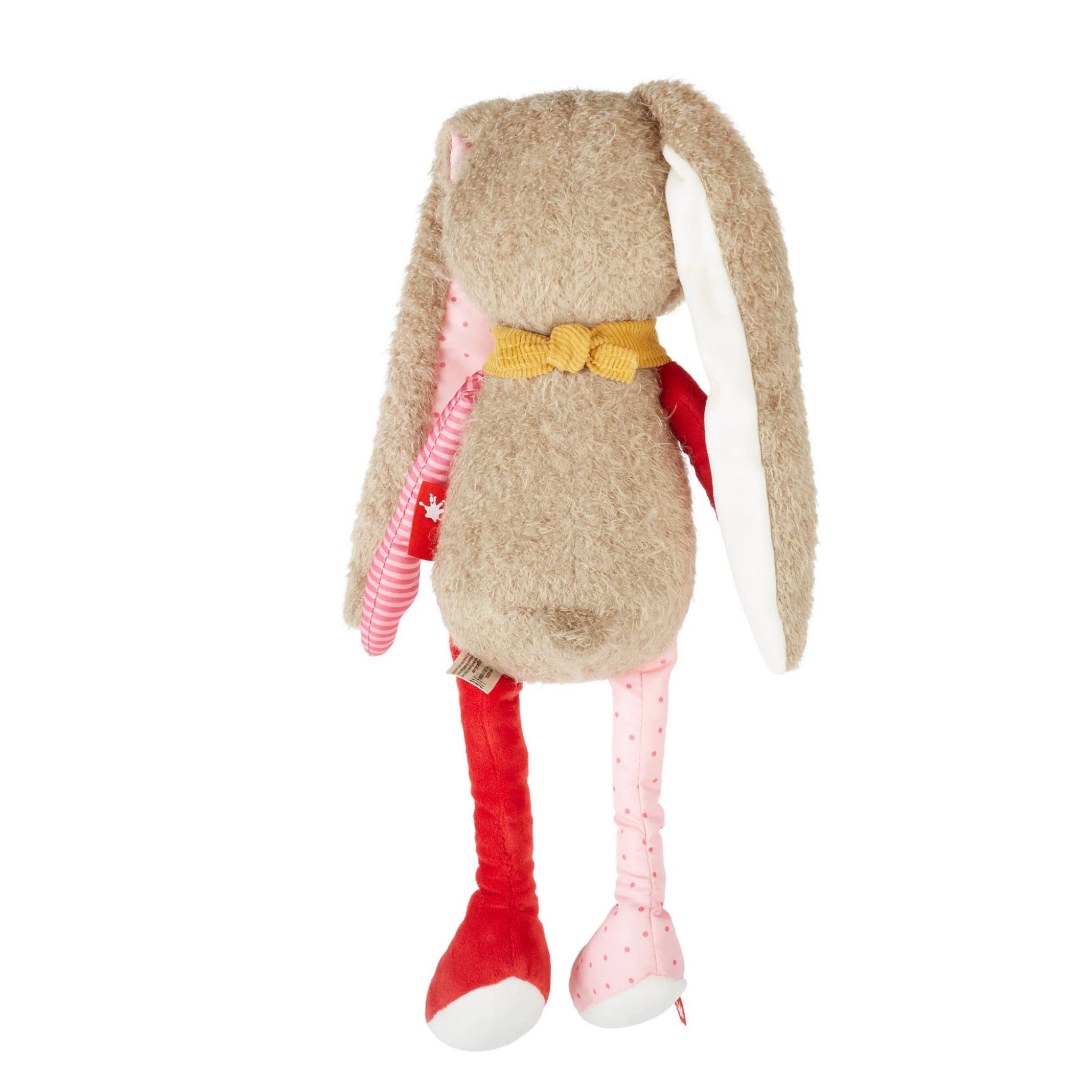 Plush toy rabbit with a yellow bow on a white background