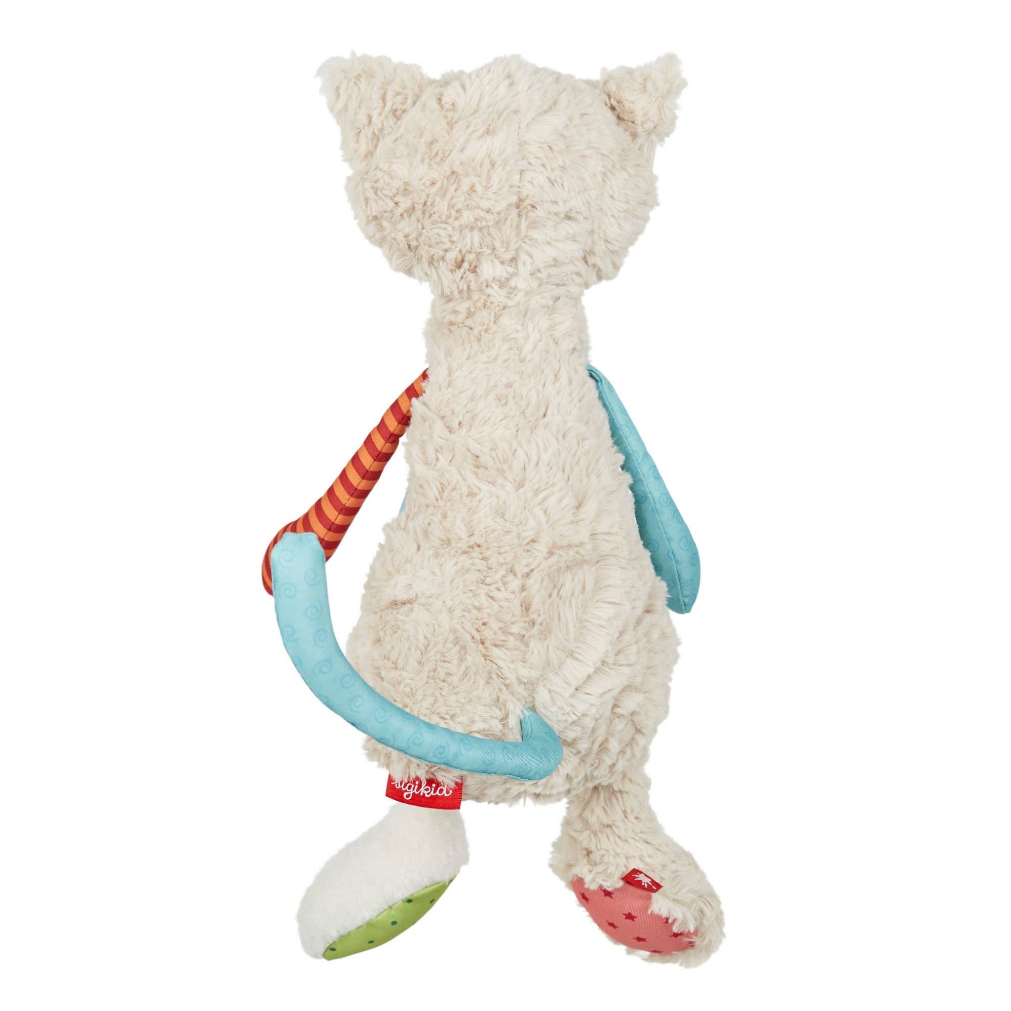 Plush toy resembling a cat with a blue handle on a white background