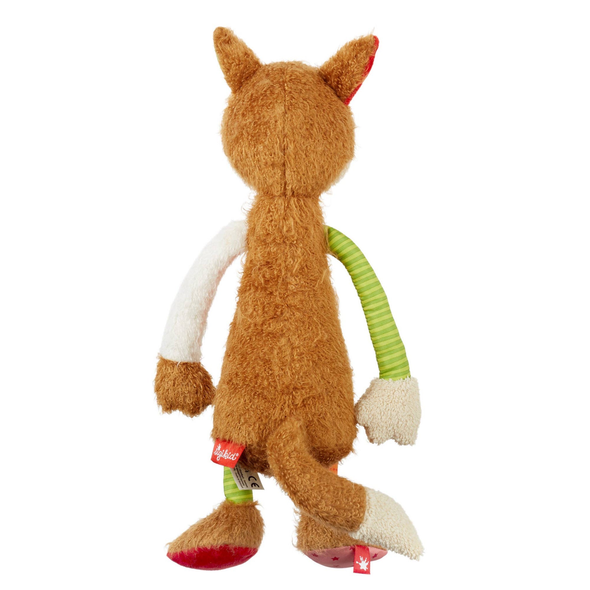 Plush toy fox with a green strap on a white background